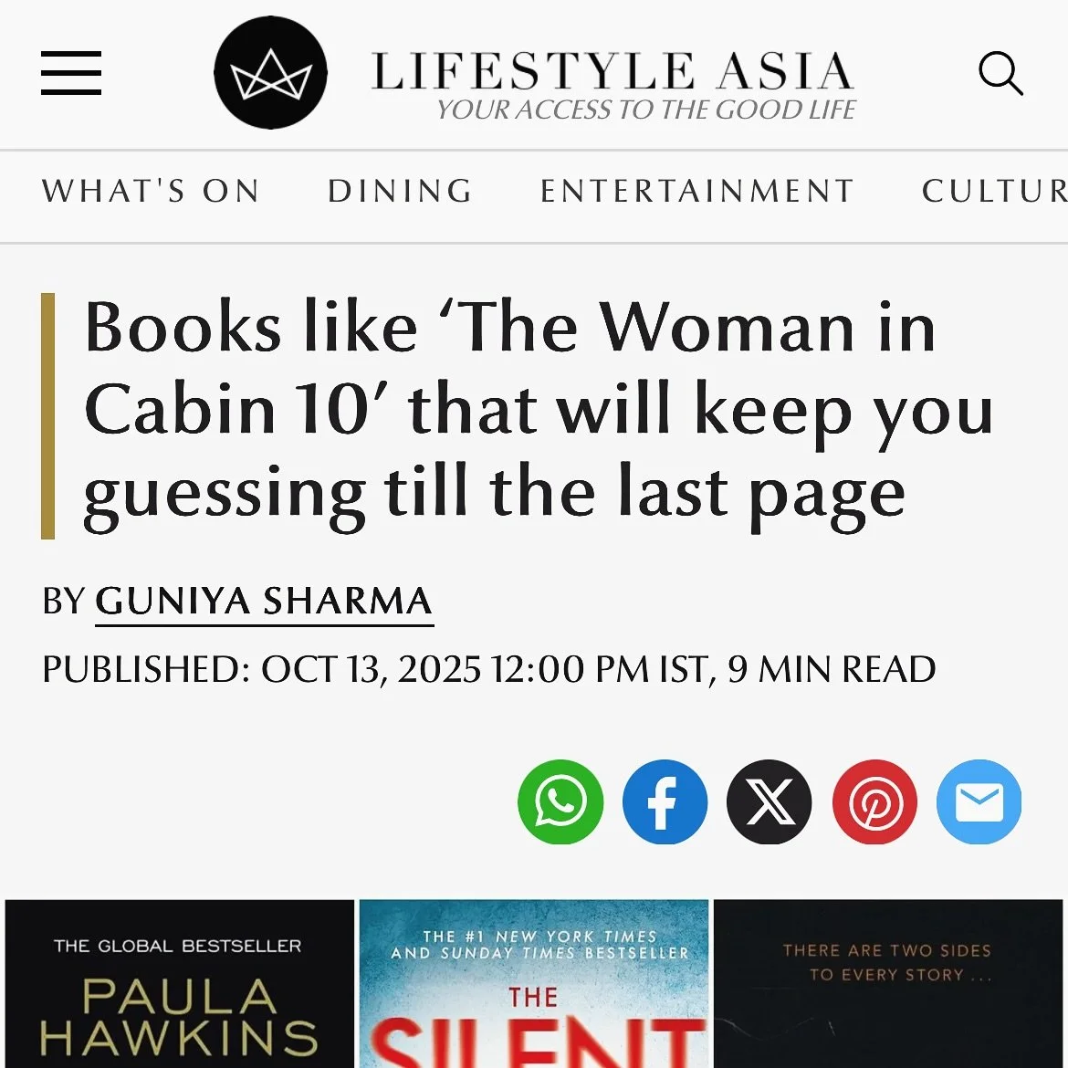 I love that so many media outlets are recommending DEATH IN THE FAMILY for fans of THE WOMAN IN CABIN 10. Thank you, @lifestyleasiaindia!

#deathinthefamily #shanamerchantseries #lockedroommystery