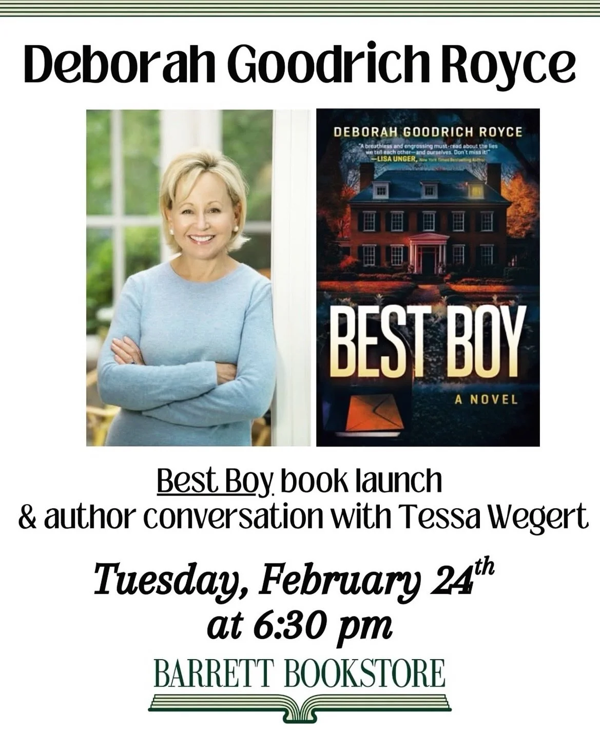 Mark your calendars, Darien, CT&hellip;the inimitable @deborahgoodrichroyceofficial is launching her new psychological thriller BEST BOY (which&mdash;spoiler alert&mdash;is the BEST) at @barrettbookstore_! 🤩 

Join us on Deborah&rsquo;s pub day, Feb