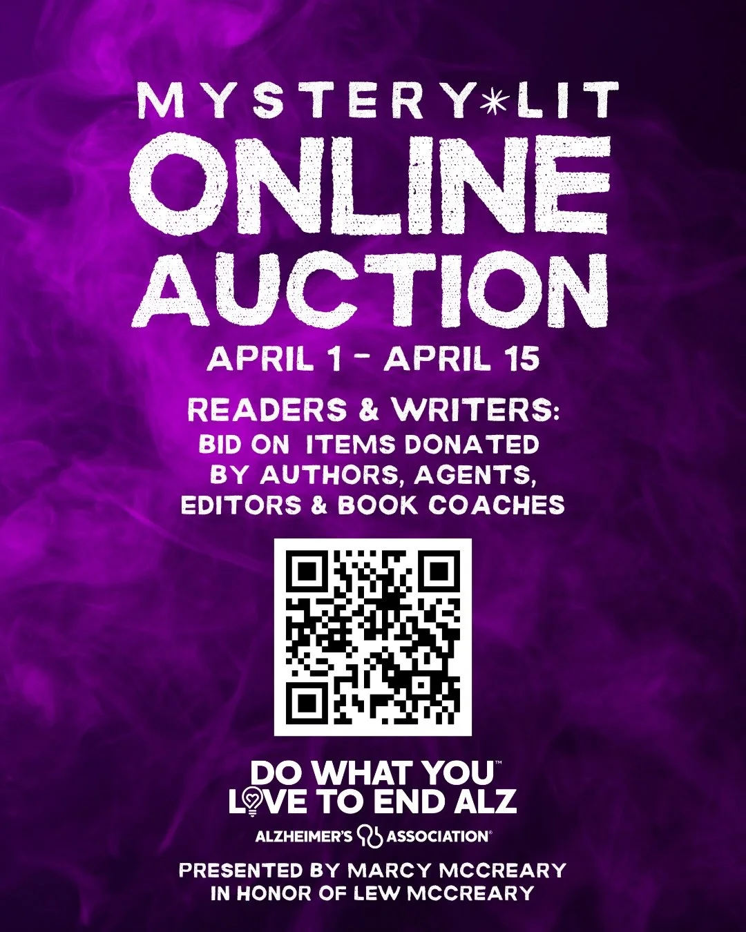 Today marks the launch of the Mystery*Lit Online Auction, an Alzheimer&rsquo;s Association fundraiser that was spearheaded by mystery author @marcymccrearyauthor in honor of her husband, author Lew McCreary.

There are dozens of amazing items to choo