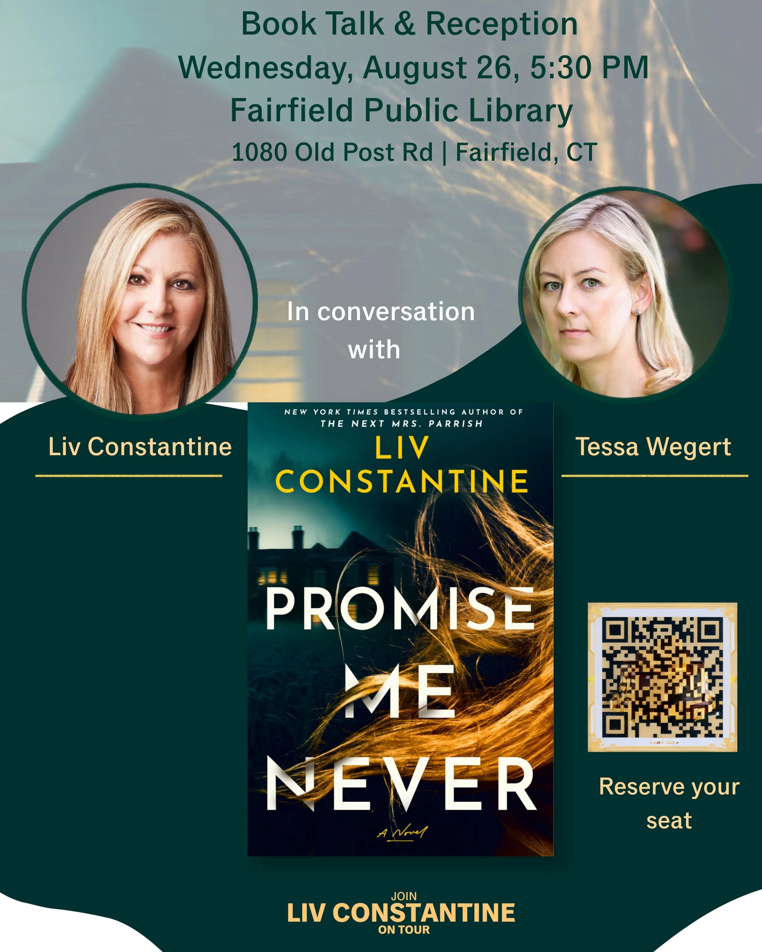 Happy Pub Day to the Queen of Twists @livconstantine2, whose brand new PROMISE ME NEVER had me spellbound! 👏👏👏

If you&rsquo;re in the area, join us at Fairfield Public Library next week to celebrate this terrific new thriller (register online to 