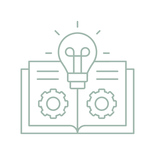 Icon of open book with gears inside and a light bulb above, representing ideas and knowledge.