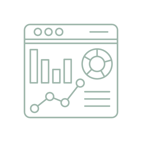 Outline of a computer dashboard with bar graphs, a circular chart, and a line graph.