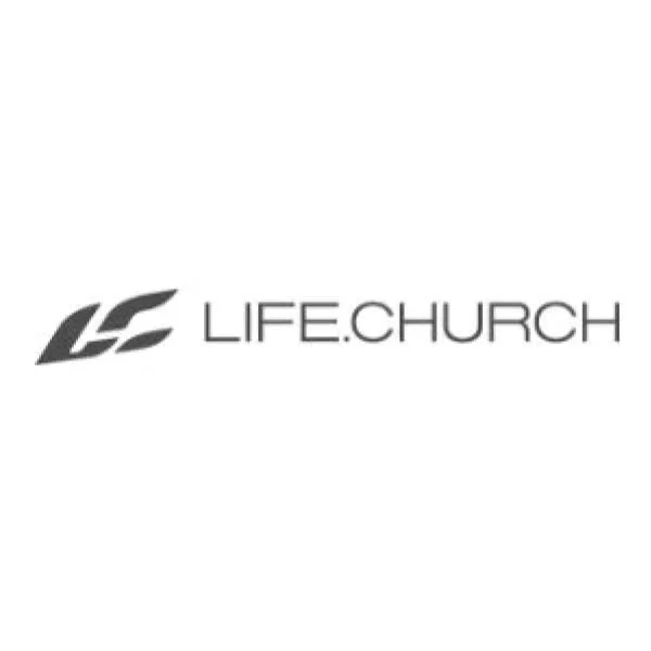 LIFE.CHURCH logo in black and white with stylized wings and text.