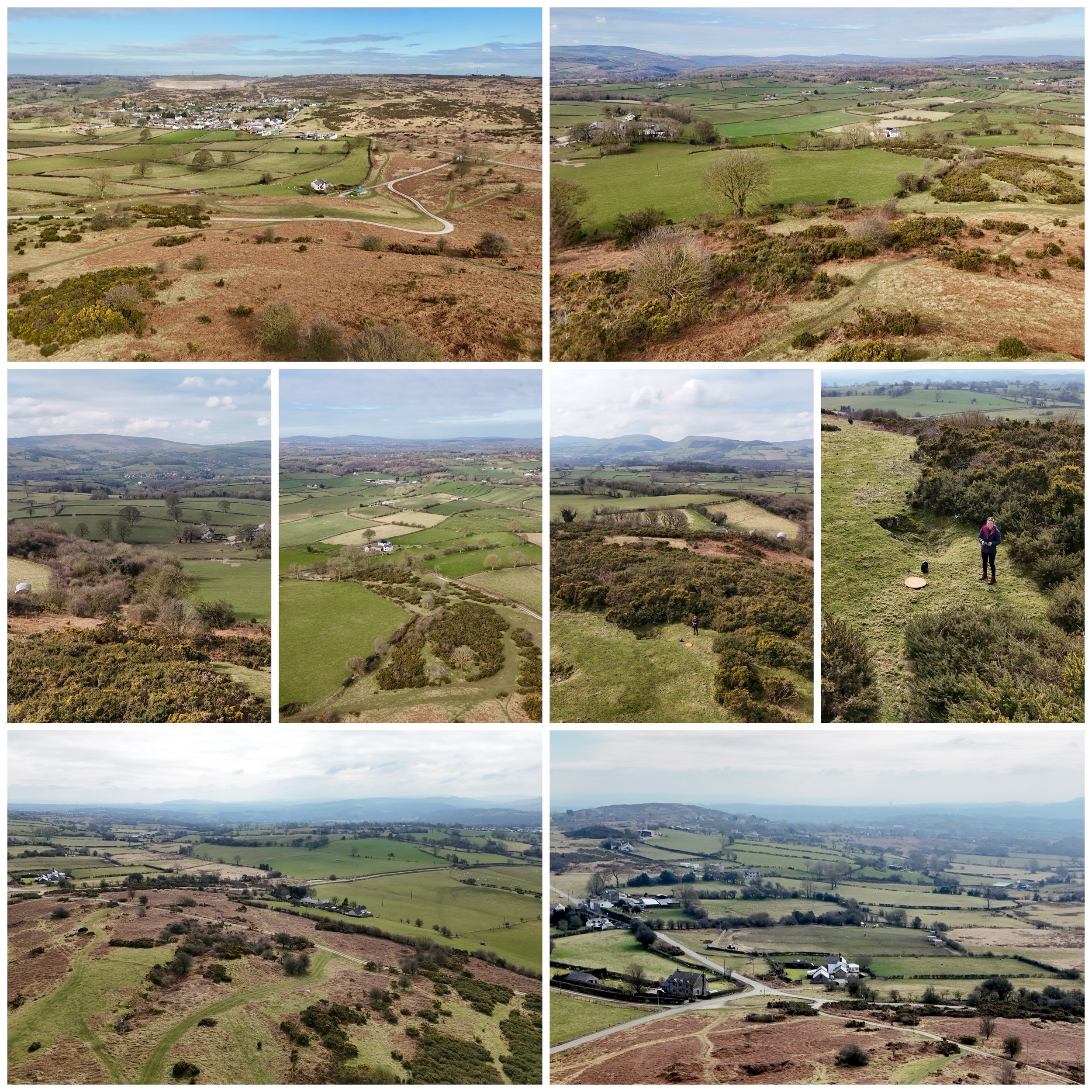 A collage of aerial landscape photos showcasing rolling green hills, fields, and sparse trees, with some photos including hikers on trails.