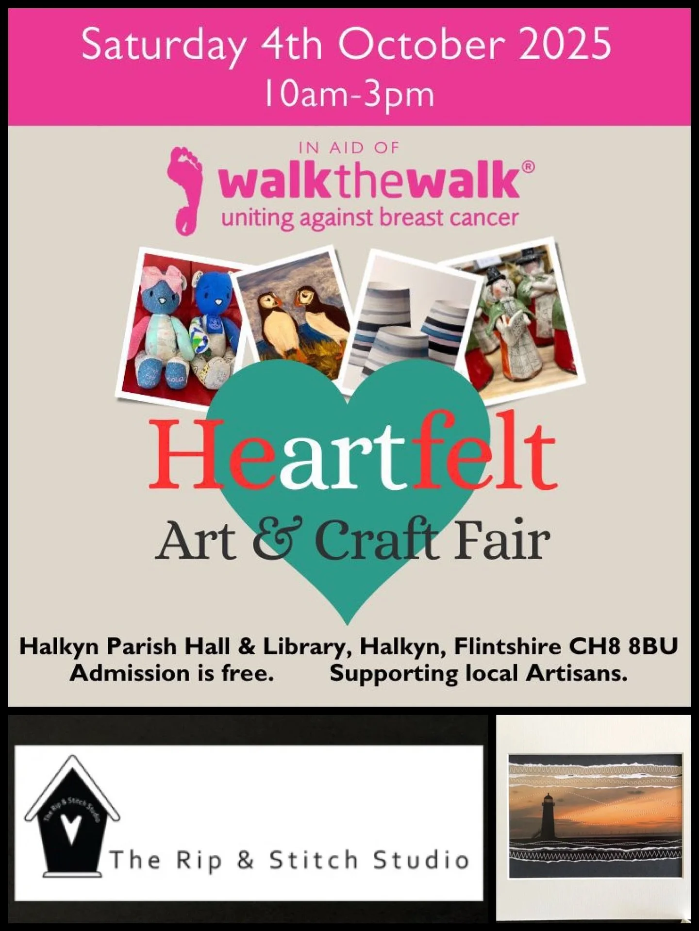🤩 I&rsquo;ll be at Heartfelt Art &amp; Craft Fair on Saturday 4th October 2025 
⏰ 10am-3pm
🩷 In aid of walkthewalk&reg; uniting against breast cancer
📍Halkyn Parish Hall &amp; Library, Halkyn, Flintshire CH8 8BU
💰Admission is free
🥳 Supporting l