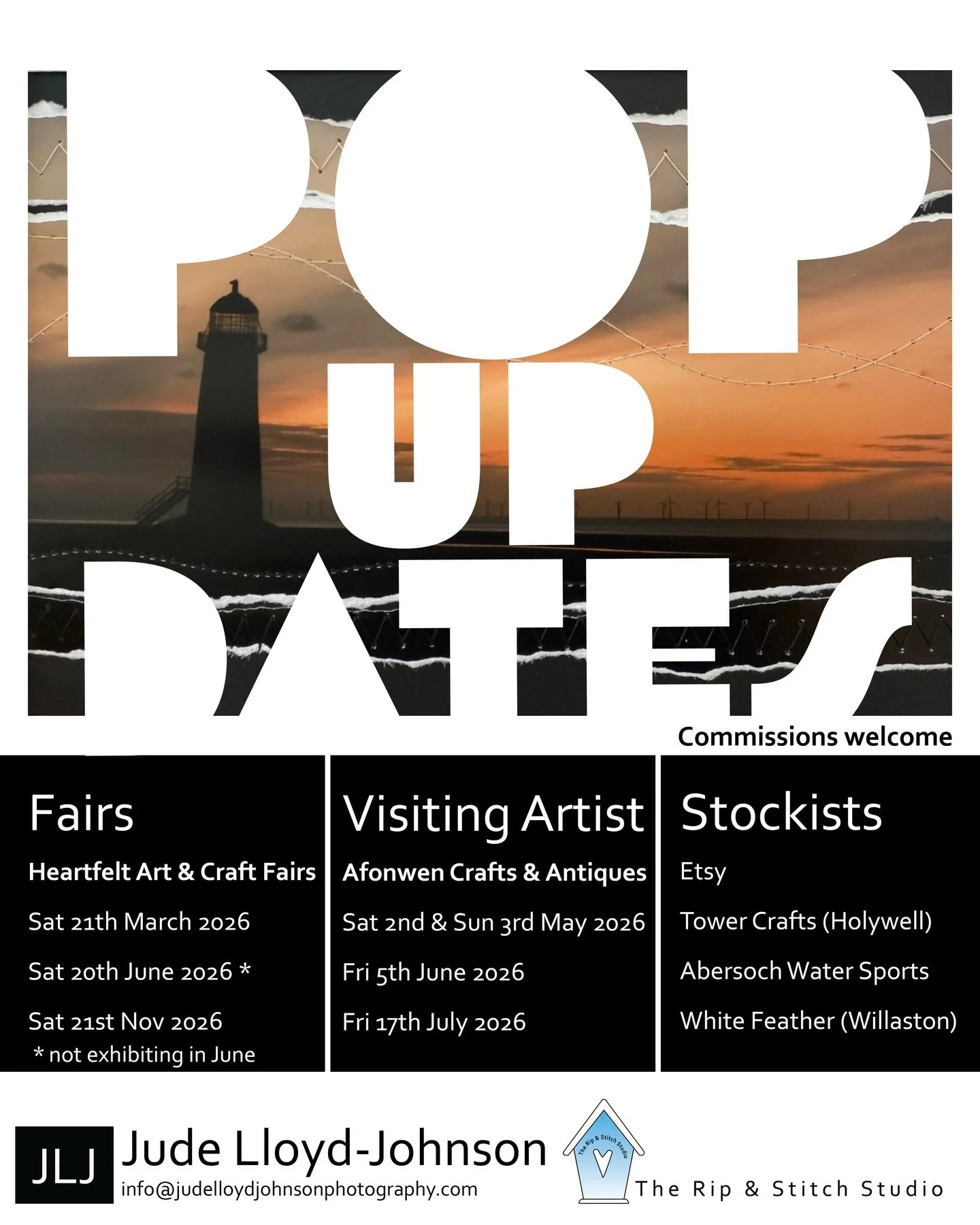 Pop Up Dates 🤍
(Commissions welcome)

Fairs
Heartfelt Art &amp; Craft Fairs @heartfelt_art_and_craft 
Sat 21th March 2026
*Sat 20th June 2026 * I am not exhibiting, but the fair is on 🥳
Sat 21st Nov 2026

Visiting Artist
Afonwen Crafts &amp; Antiqu