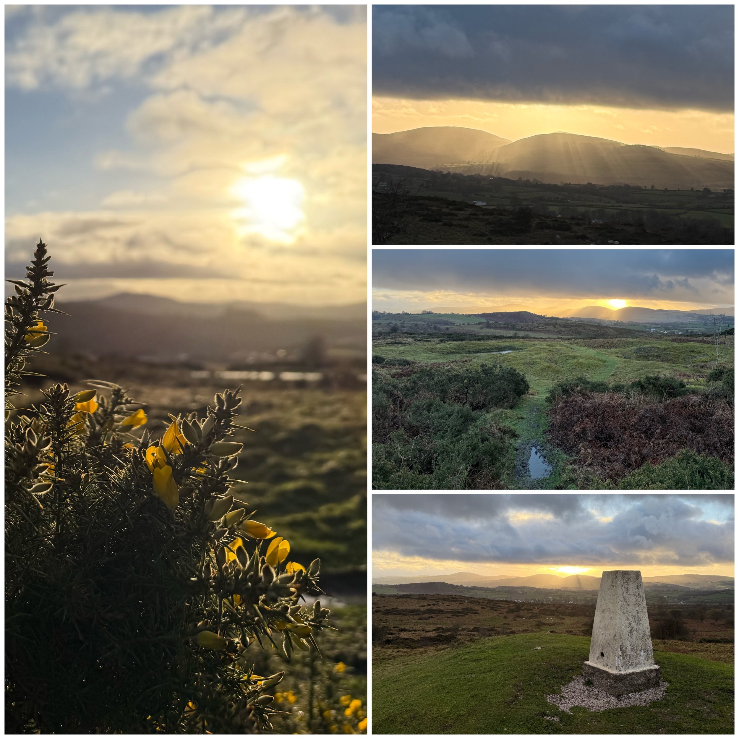 A collage of four landscape photos showing a sunset over rolling hills, a scenic view of farmland with a small stream, and a trig point monument on a hilltop at sunset
