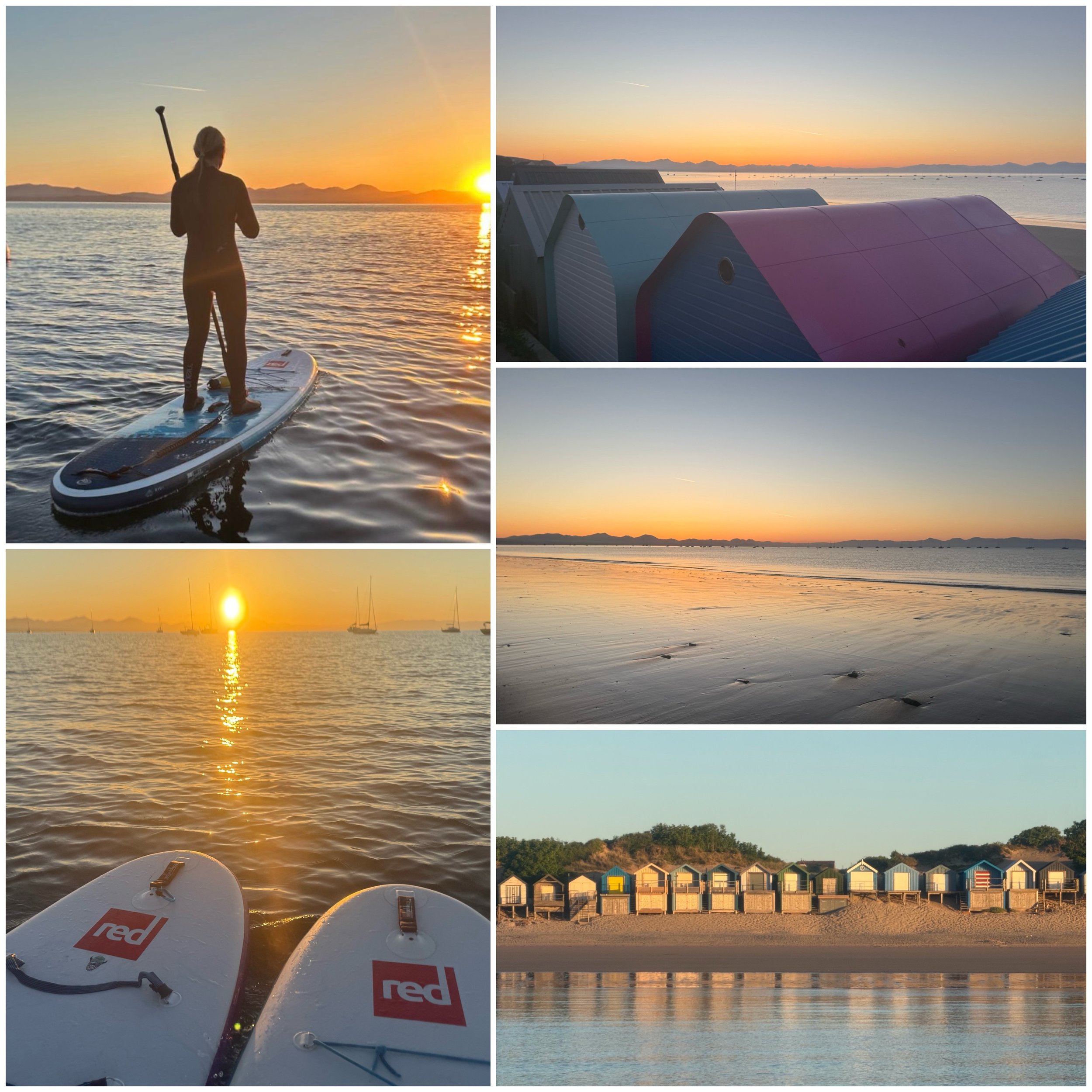 Collage of beach scenes at sunset, including a person paddleboarding, colorful beach huts, sailboats on calm water, sand with footprints, and a row of beach cabins.