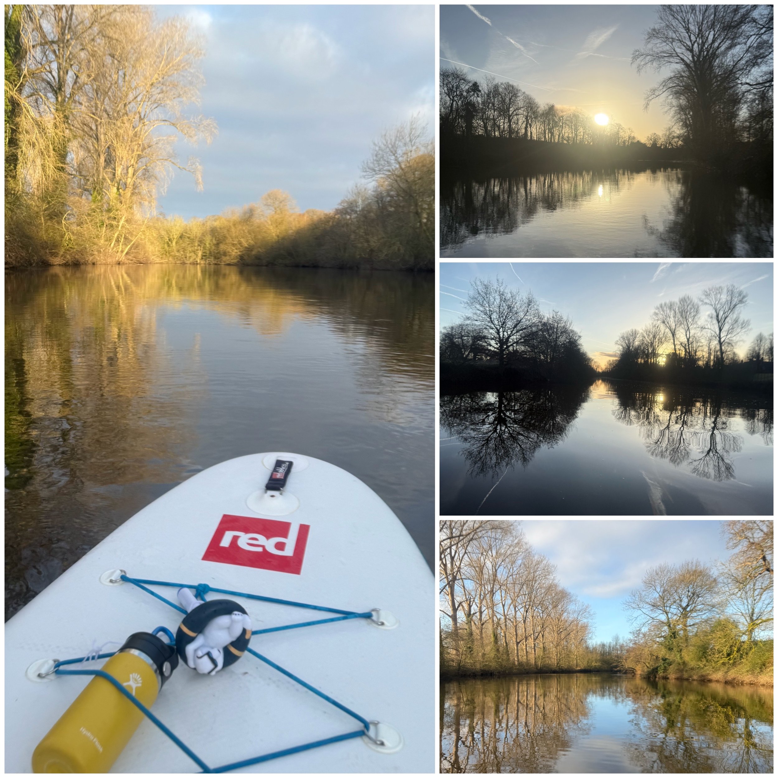 Series of photos featuring a river, trees, and sunsets, with a stand-up paddleboard in the foreground of the main image.