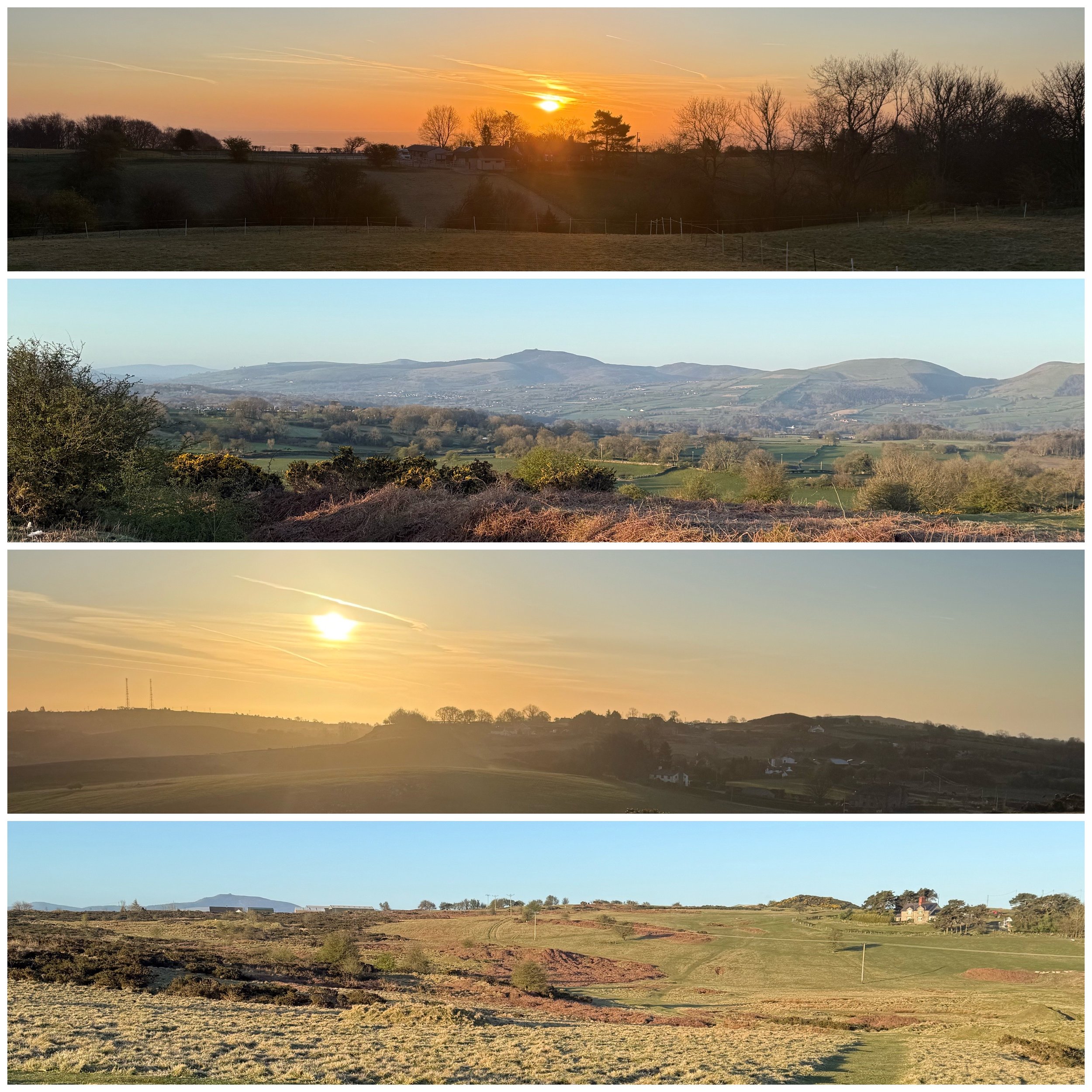 Series of four landscape photographs showing rural scenery during sunset and daytime, including fields, hills, trees, and a distant village.