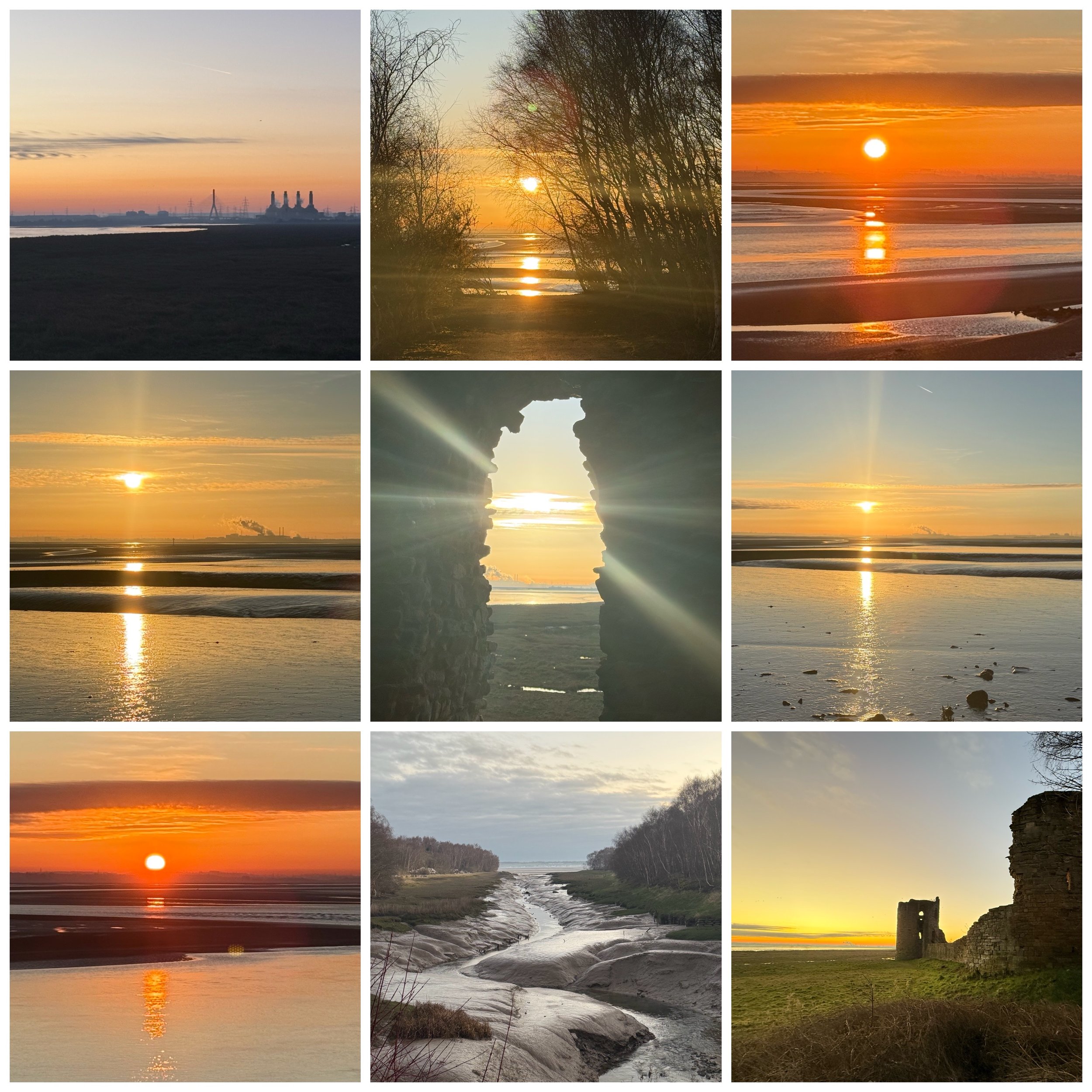 Collage of nine sunset and nature scenes including rivers, beaches, a stone archway, industrial skyline, and old ruins.