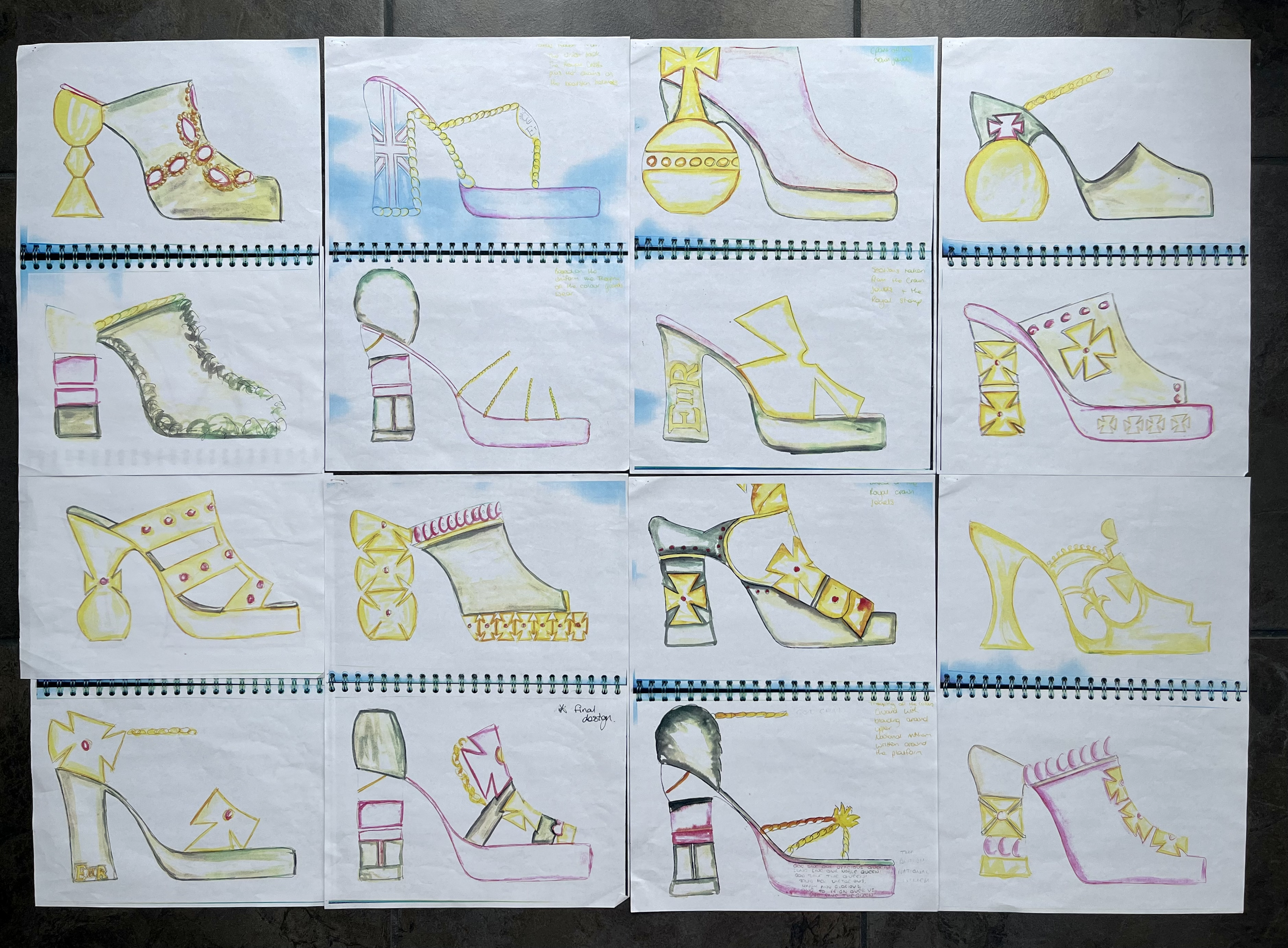 A collection of fifteen fashion shoe sketches, each outlined in different colors with decorative details like bows, gems, and patterns, arranged in a grid on white paper.