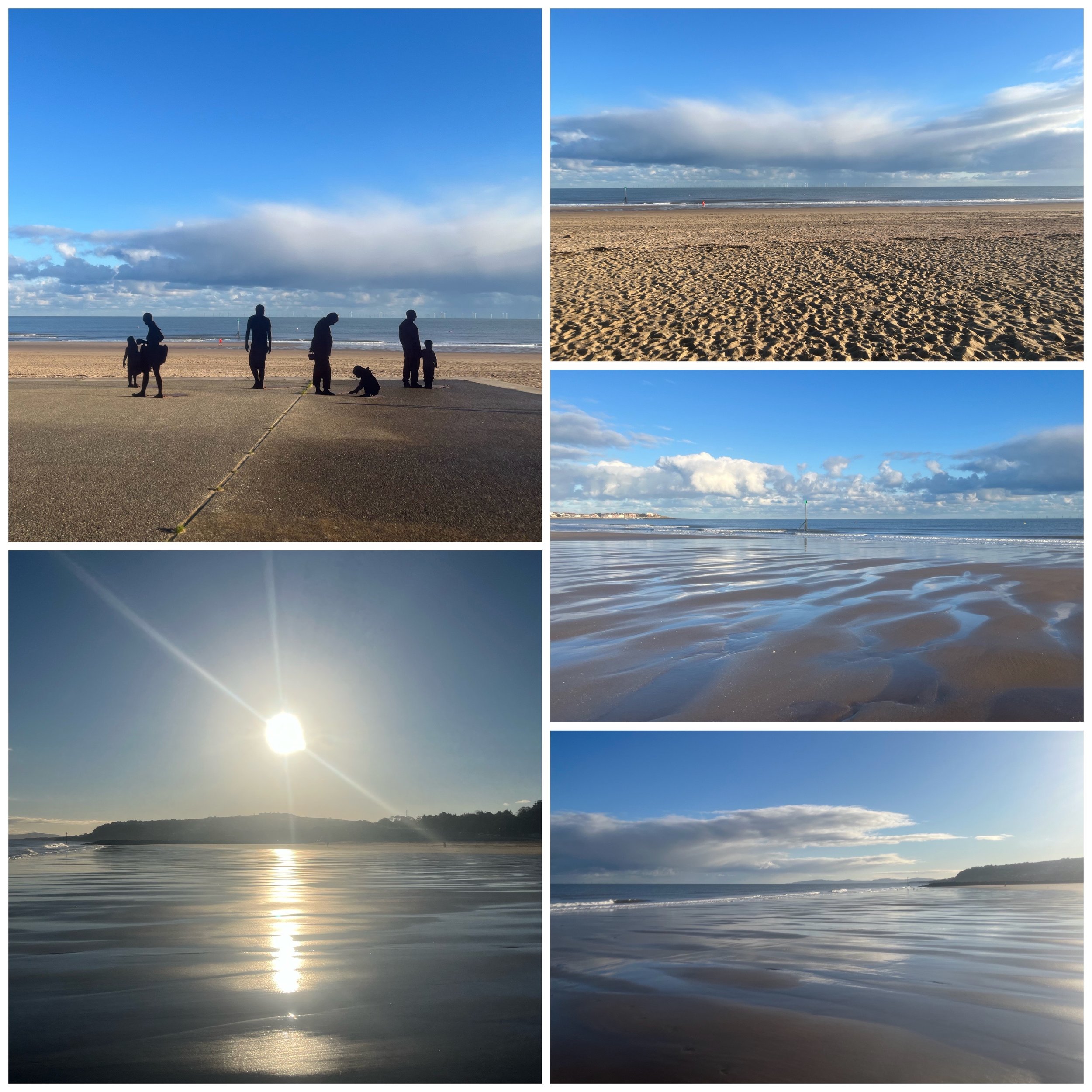 Collage of six photos of a beach scene during the daytime. Top left shows silhouettes of people, some with dogs, standing on a promenade with a beach and ocean in the background. Top right depicts a sandy beach with a cloudy sky above. Middle right f