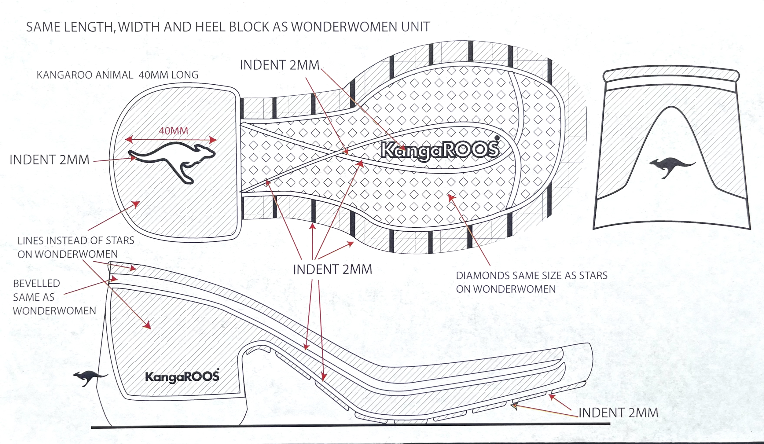 Diagram of a jewelry design featuring a kangaroo motif with embedded diamonds. The design includes measurements and details about the engraving, such as 40mm length, 2mm indent, and diamonds matching stars on the wonder woman motif.