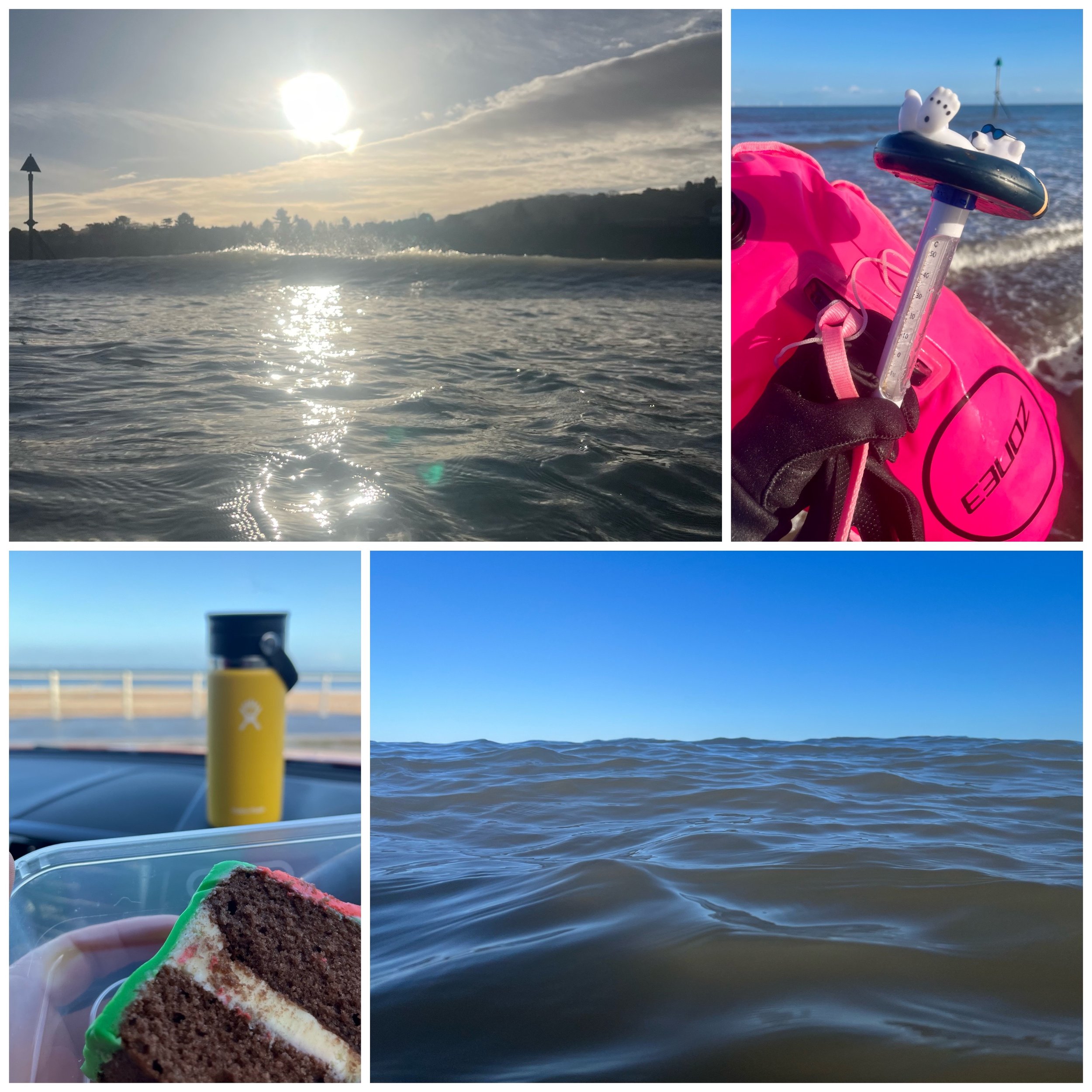 Collage of four photos capturing a beach or lake scene. Top left shows water with sunlight reflecting on it under a cloudy sky. Top right features a pink floatation device with a white plastic toy and a thermometer, held by a gloved hand near the sho