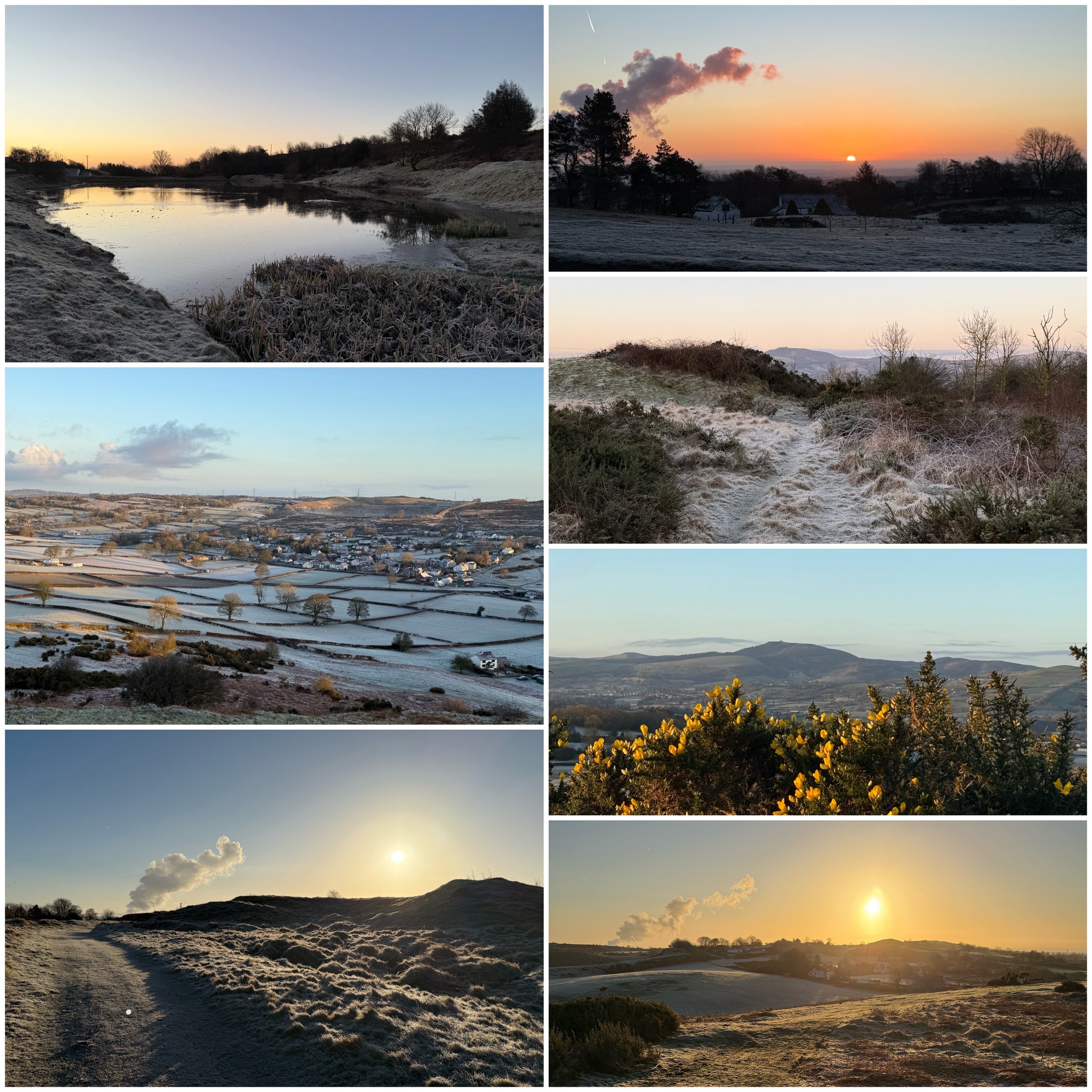 Collection of landscape photographs taken during sunrise or sunset showing water, hills, fields, trees, and a dirt path in a rural area.