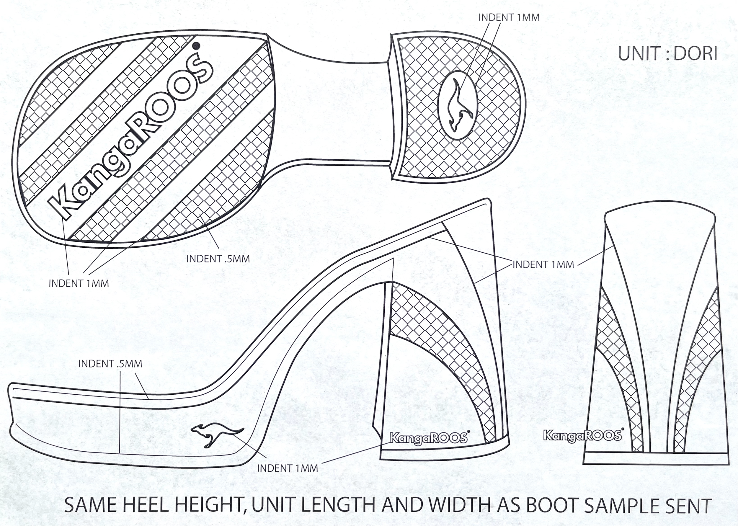Technical drawing of a shoe design labeled 'KangaROOS' with different views, including top, side, heel, and cross-section. Measurements like 1mm, 0.5mm, labeled on various parts of the shoe, and the text 'UNIT: DORI' and 'SAME HEEL HEIGHT, UNIT LENGT