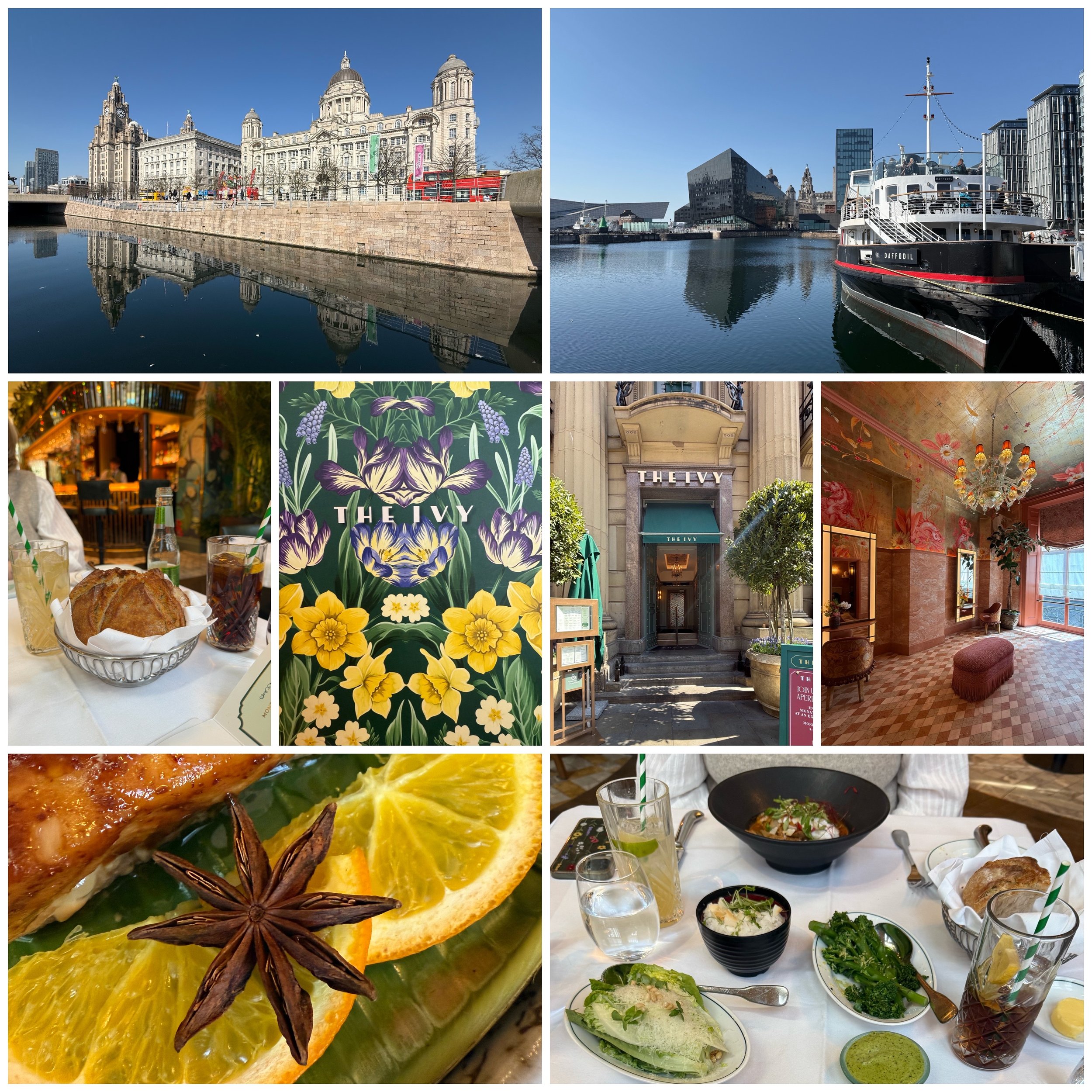 Collage of images including historic buildings near water, a boat docked at a modern waterfront, indoor and outdoor restaurant scenes with food and floral decor, the exterior of a building named THE IVY, and close-up of a meal with orange slices and