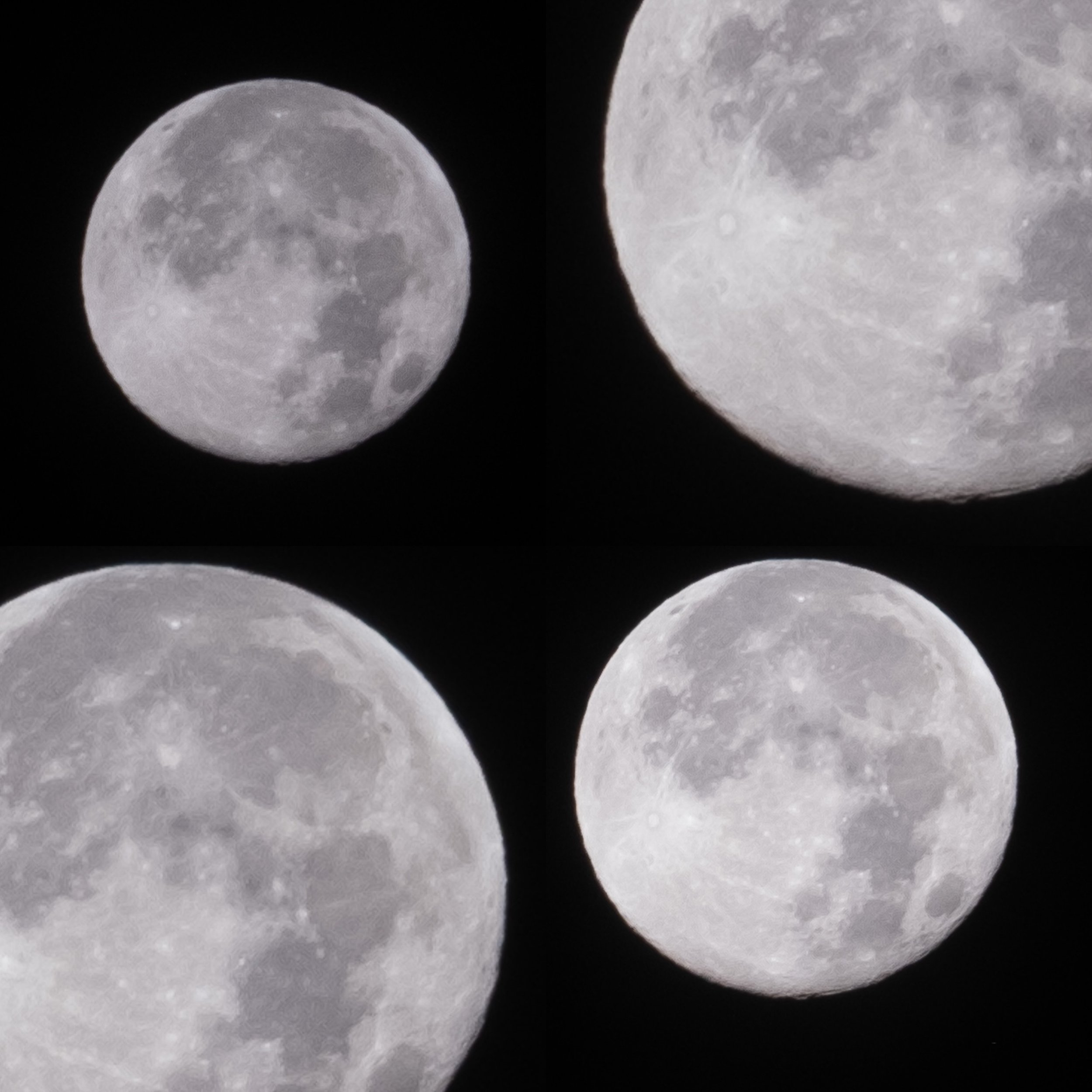Four close-up images of the moon showing its surface details, phases, and craters.