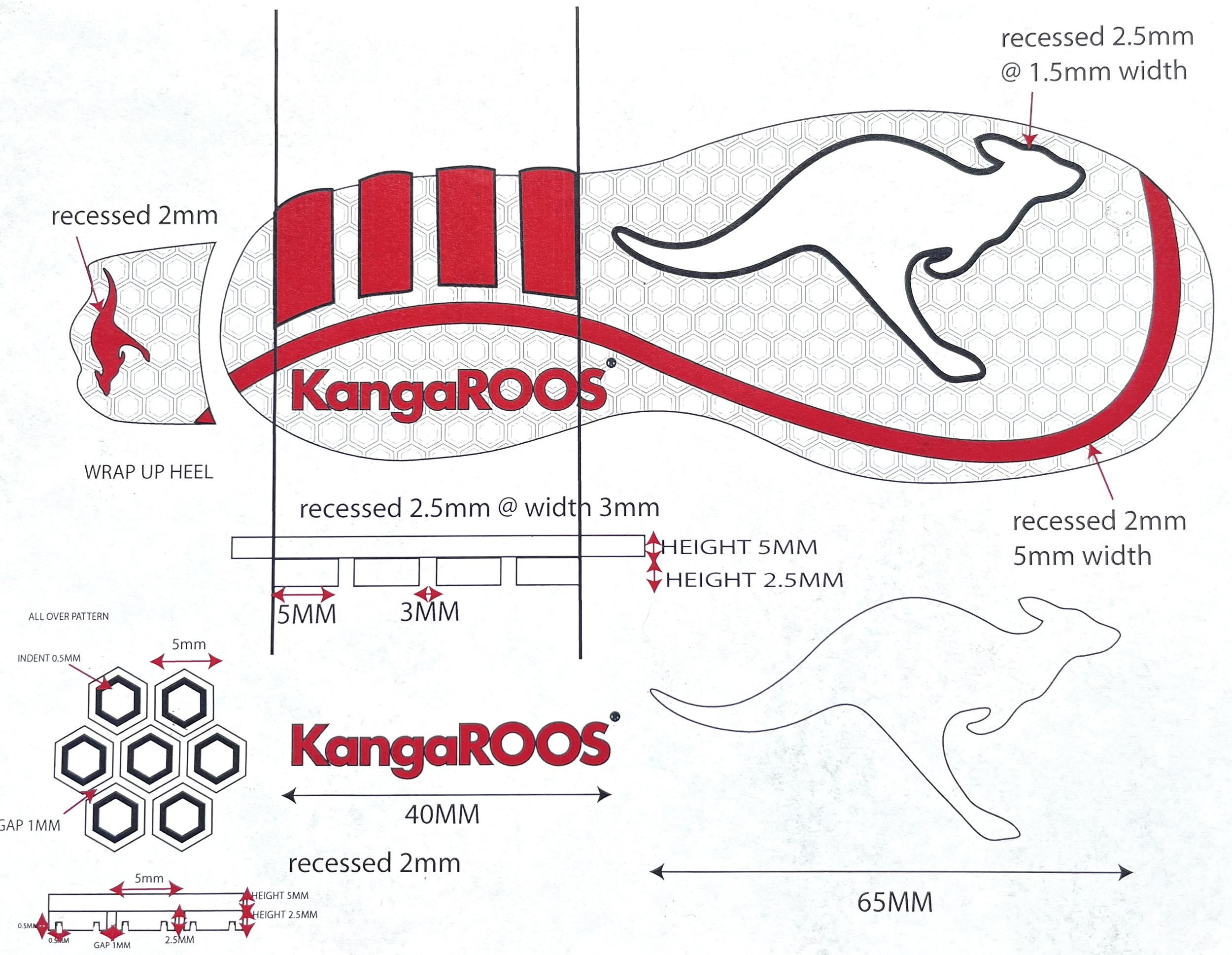 Technical diagram of a shoe sole with measurements and design details, including reptile outlines, honeycomb pattern, and 'KangaROS' branding.