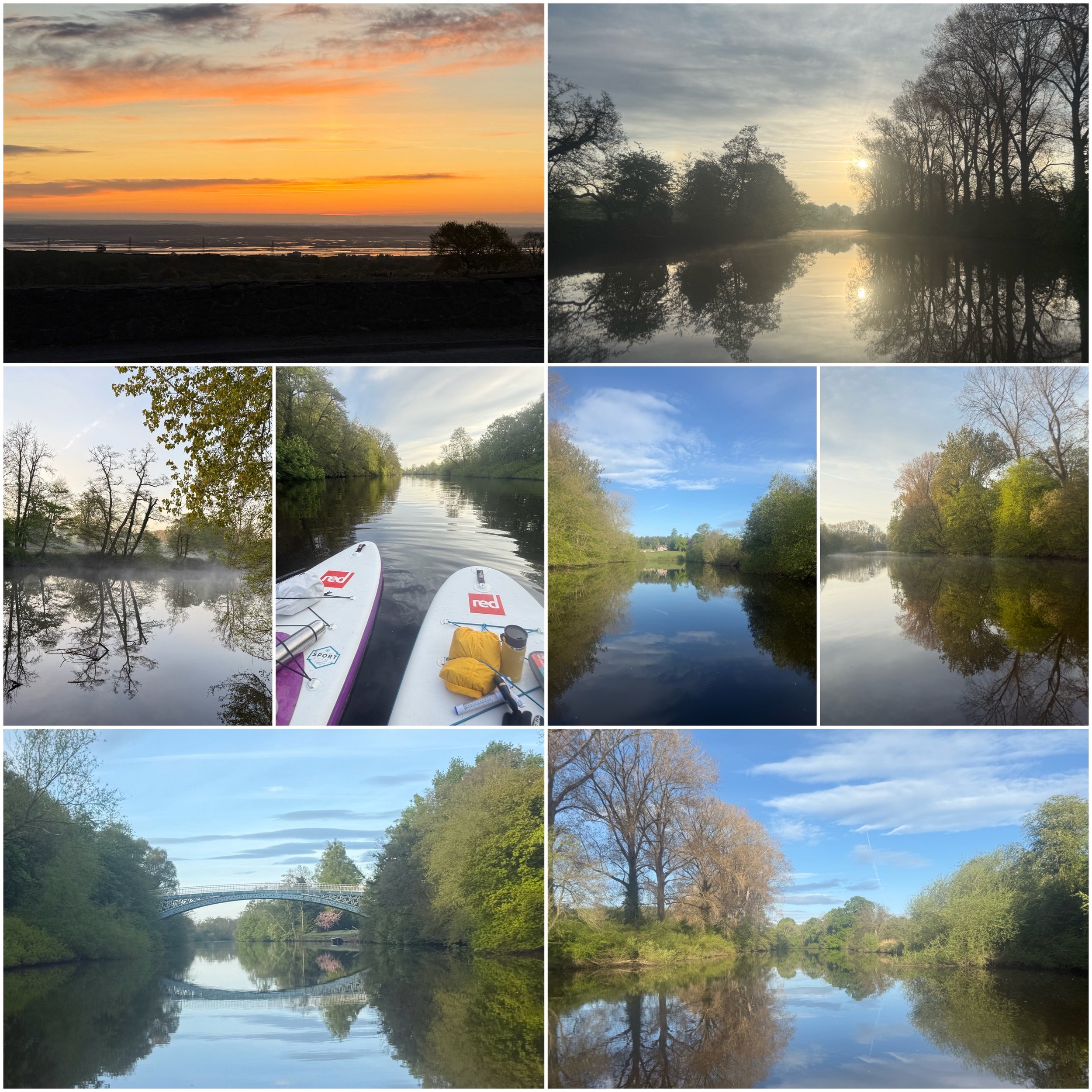 Collage of scenic nature photographs featuring rivers, trees, a sunset, and paddleboarding scenes.