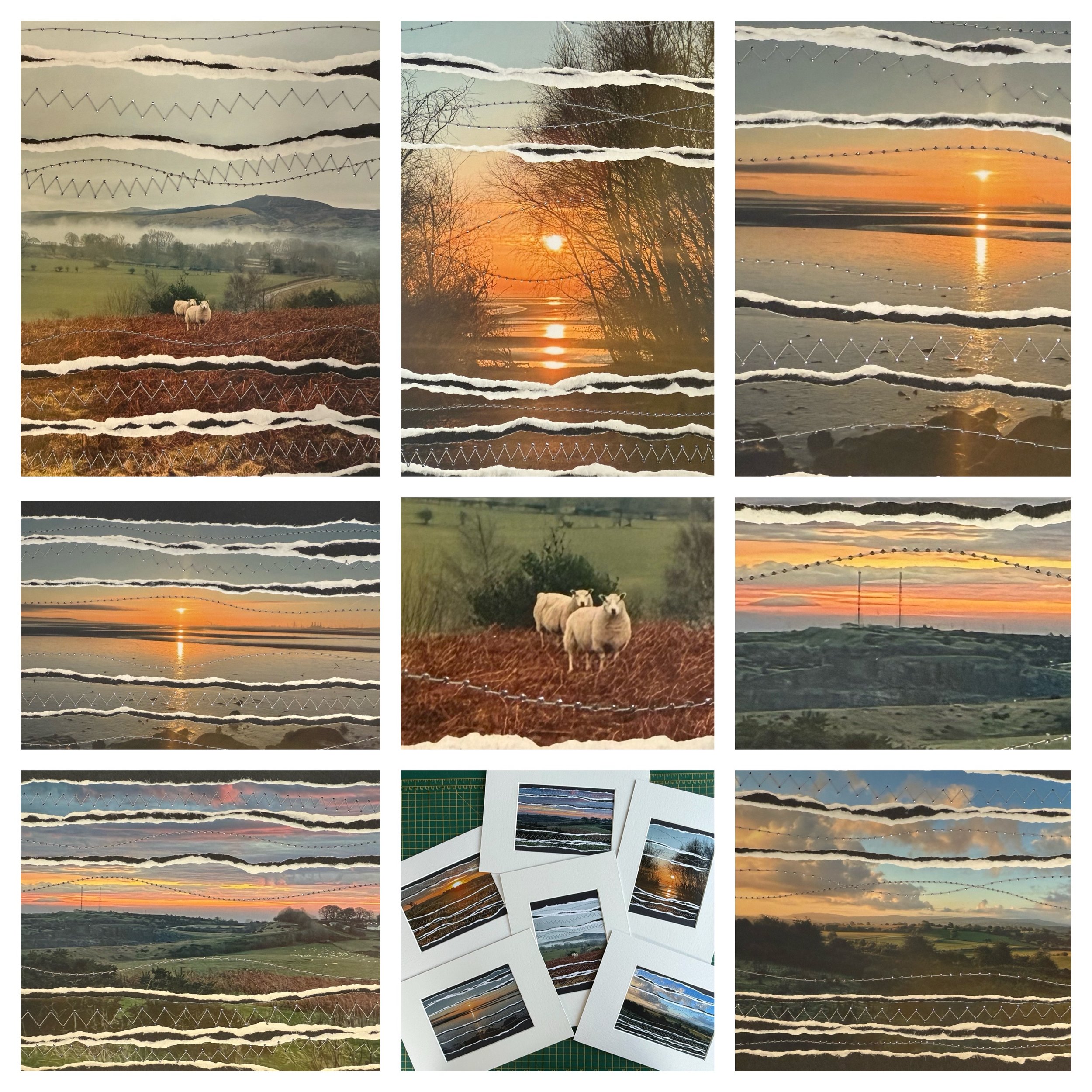 Collage of landscape photographs of sunsets and sunrises over hills and water, with torn paper effect and Polaroid pictures, featuring sheep and scenic views.