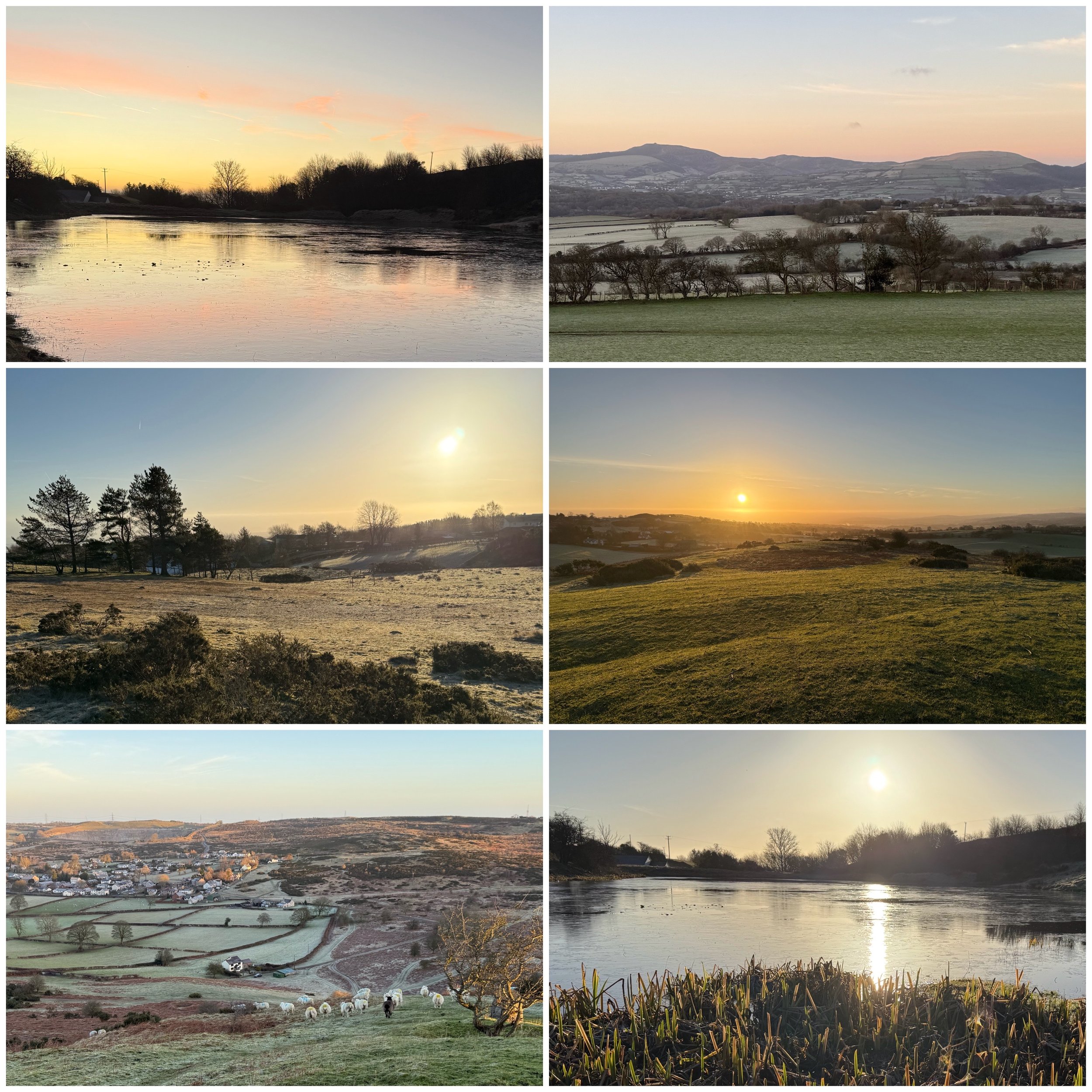 A collage of six landscape photos showing various scenes during sunset and sunrise, including rivers, fields, hills, a village with sheep, and water reflections.