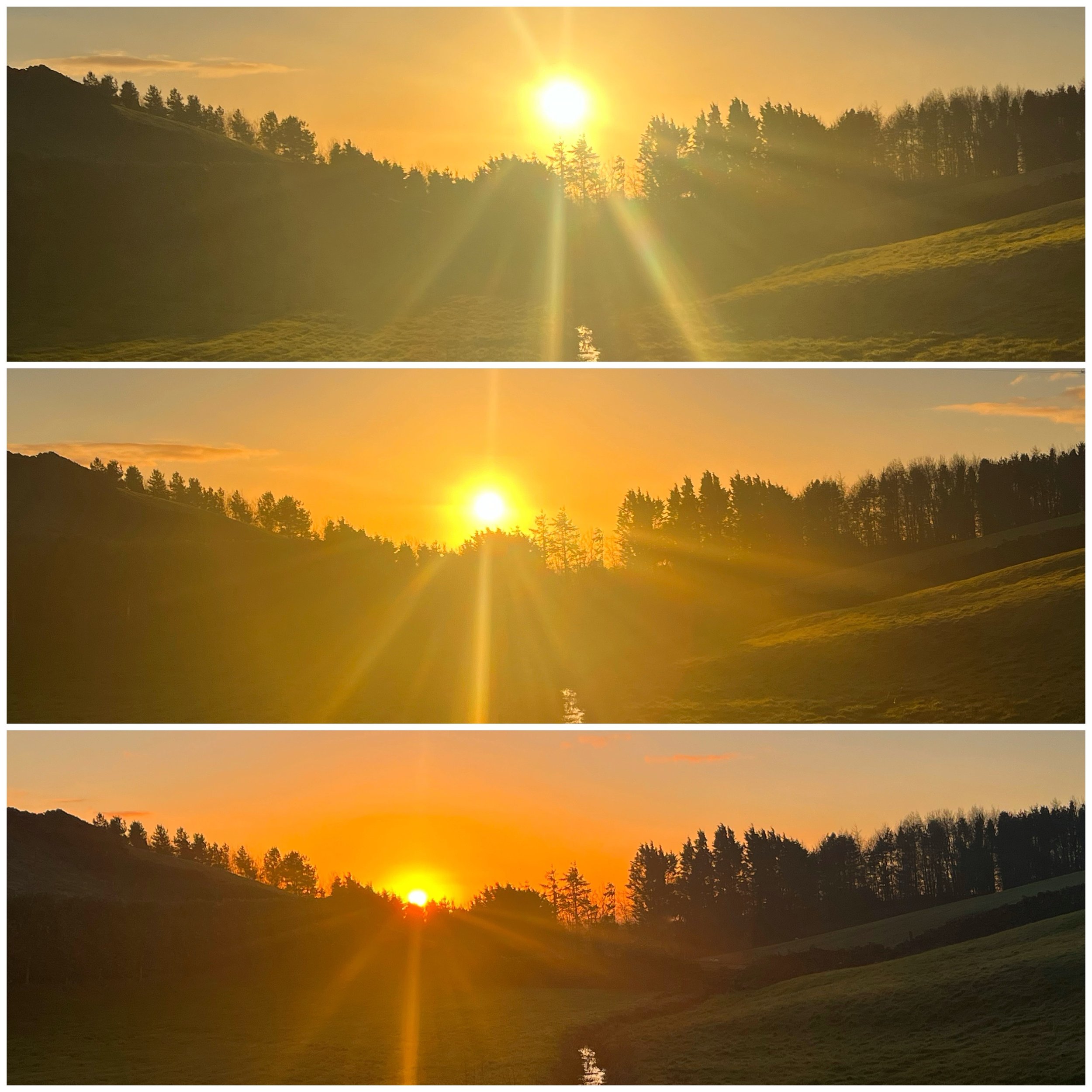Sequence of three photos showing the sun setting over a hilly landscape with trees, increasing in brightness from top to bottom.