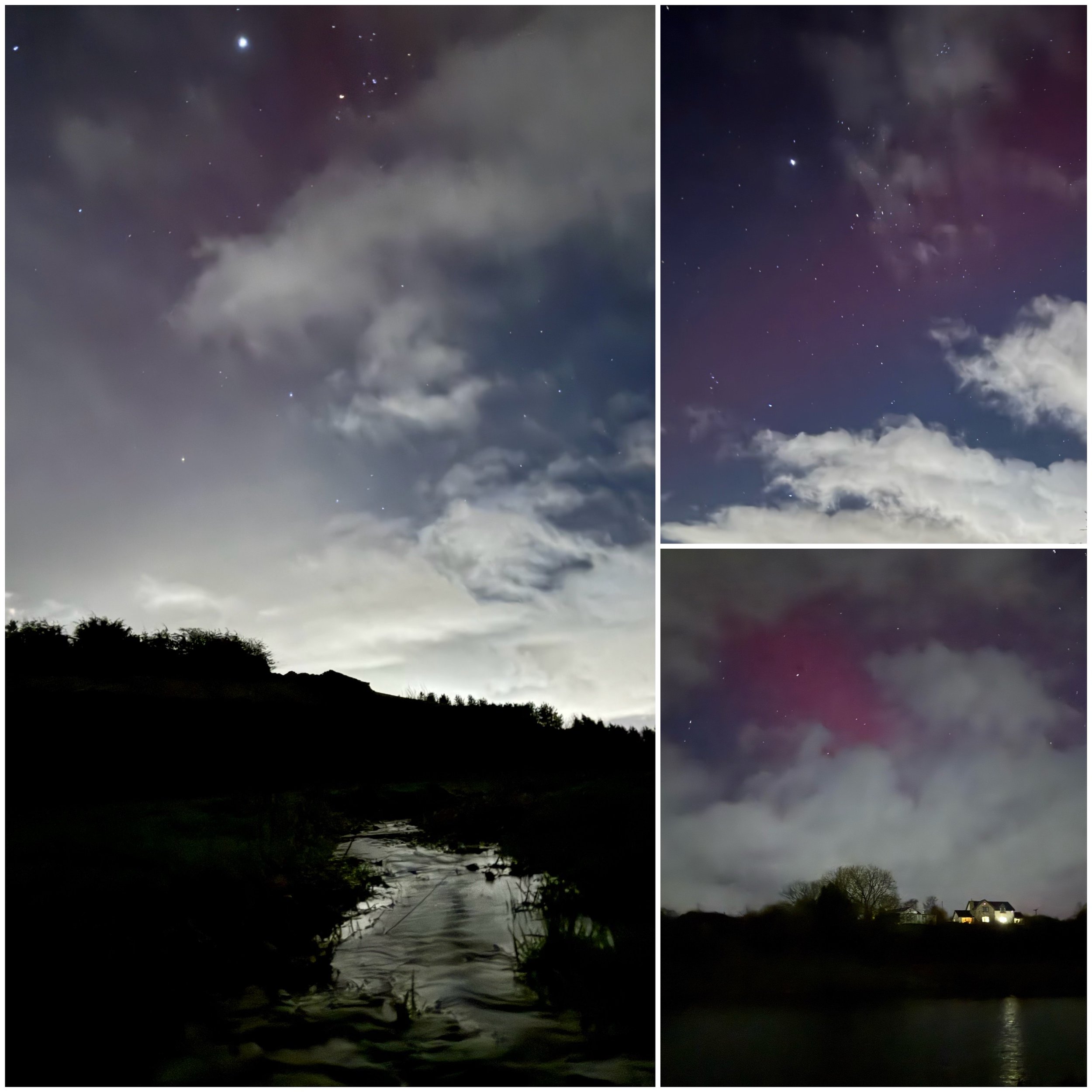 Nighttime sky photos with stars, cloudy skies, a small river reflecting light, and a house illuminated in the distance.