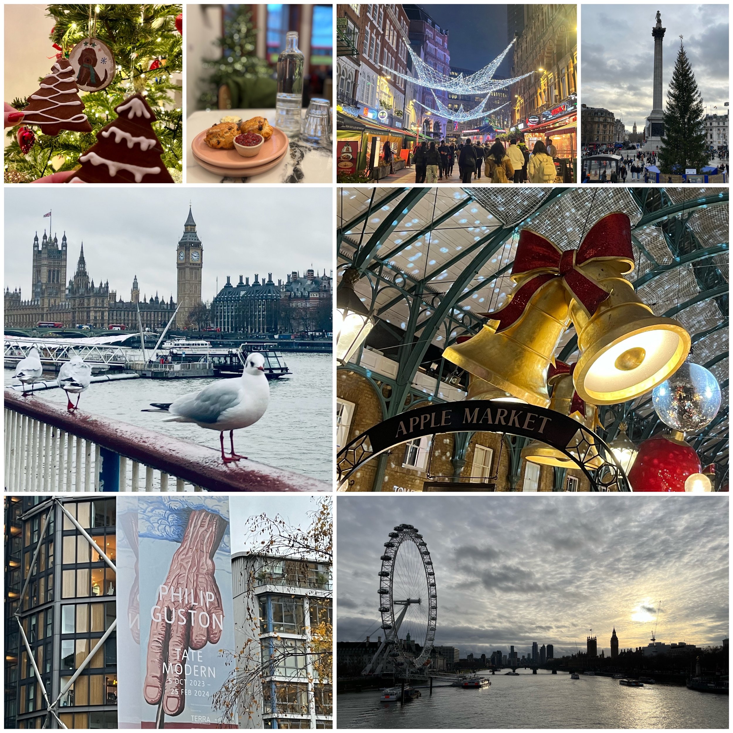 Collage of scenes from London, including Christmas decorations, a dessert plate with cookies and jam, busy street with holiday lights, a Christmas tree in Trafalgar Square, the Houses of Parliament with Big Ben and a flock of seagulls by the river, a