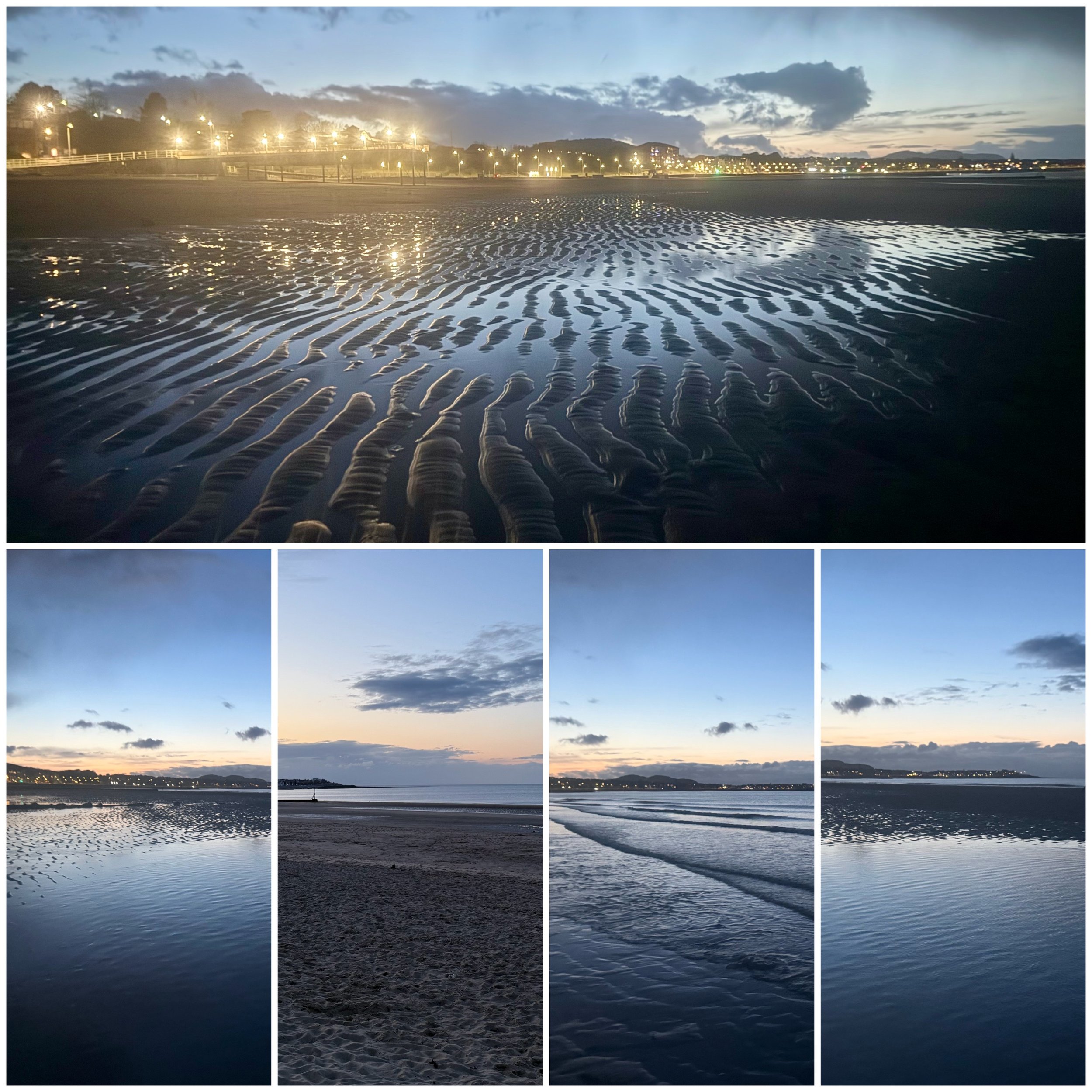 A collage of five beach scenes during sunset and twilight, featuring wet sand and calm ocean water with a distant shoreline and sky with clouds.
