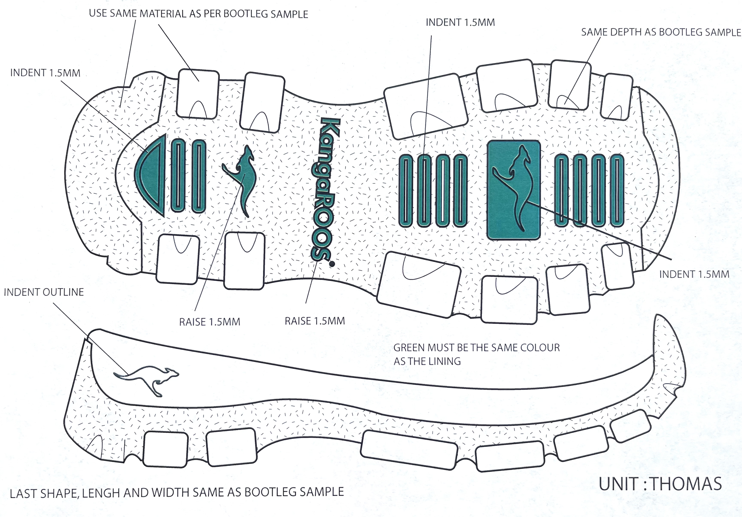 A detailed diagram of a customized shoe sole with annotations for design features, including text like 'Kangaroo', specific indentation measurements, and guidelines for material and color matching.