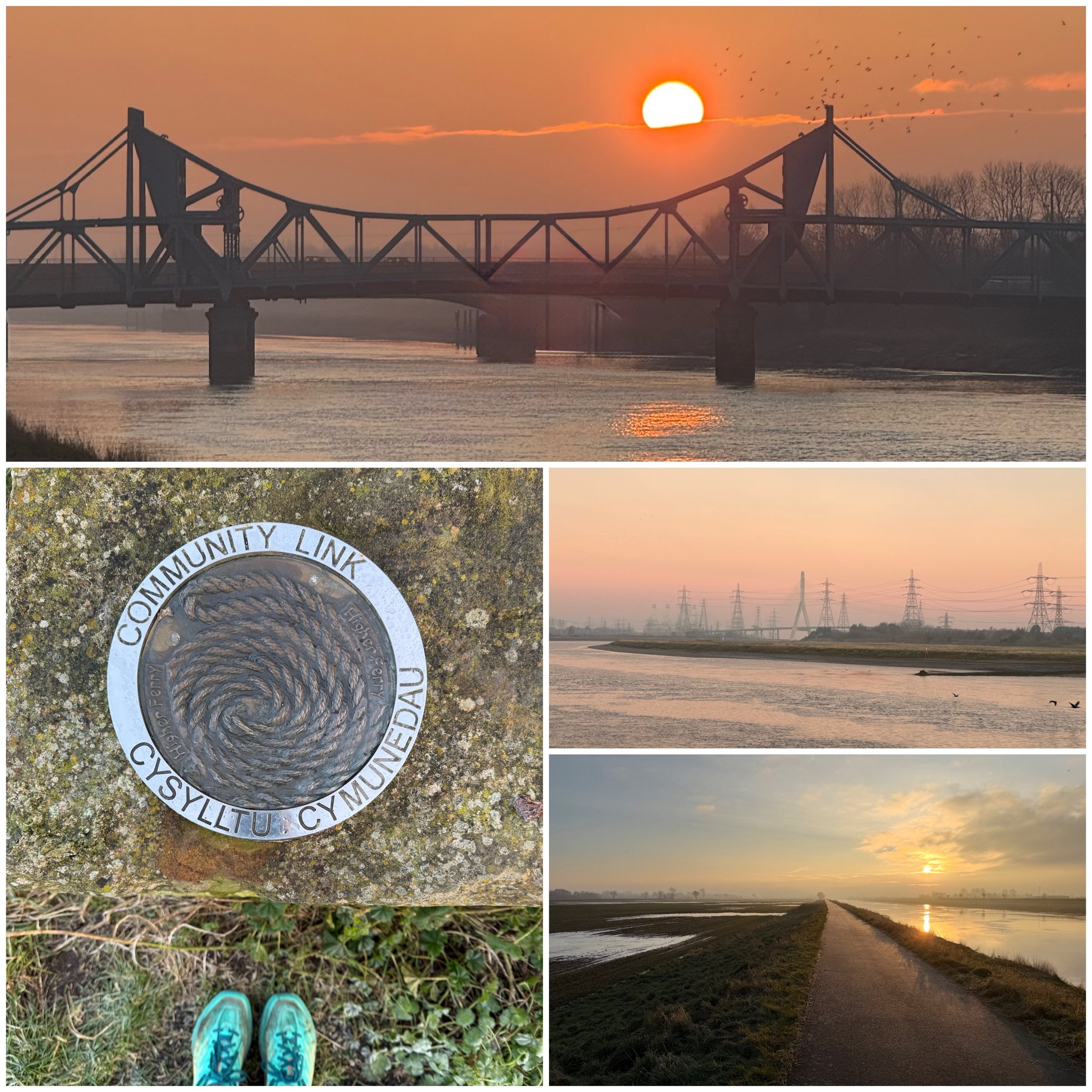 Collage of sunset over a bridge and river, power lines, a trail at sunset, and a close-up of a metal disc with 'Community Link' inscribed. Footwear visible on grass.