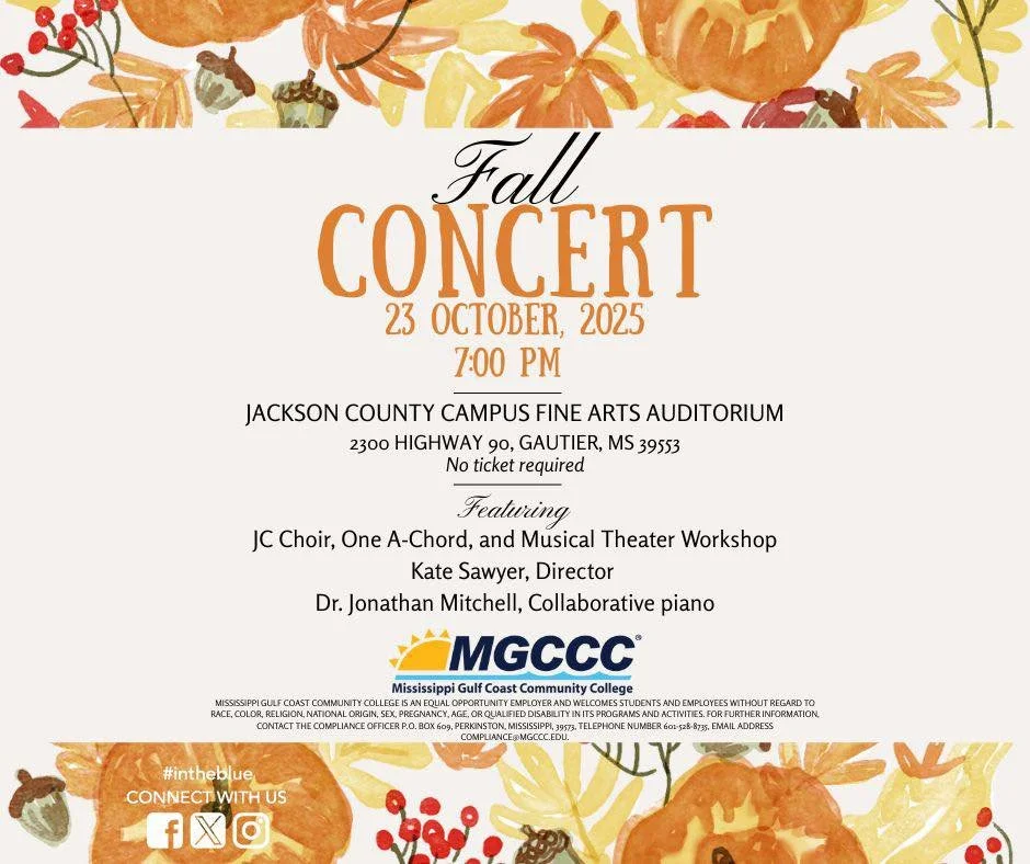 This week on Thursday night at 7 pm!
No ticket required.
Grab a friend and head over to Gautier, MGCCC Jackson County Campus.
We need you all to hear what we’ve been working on! 
Choir and Music Theater Workshop all in one night! It’s not