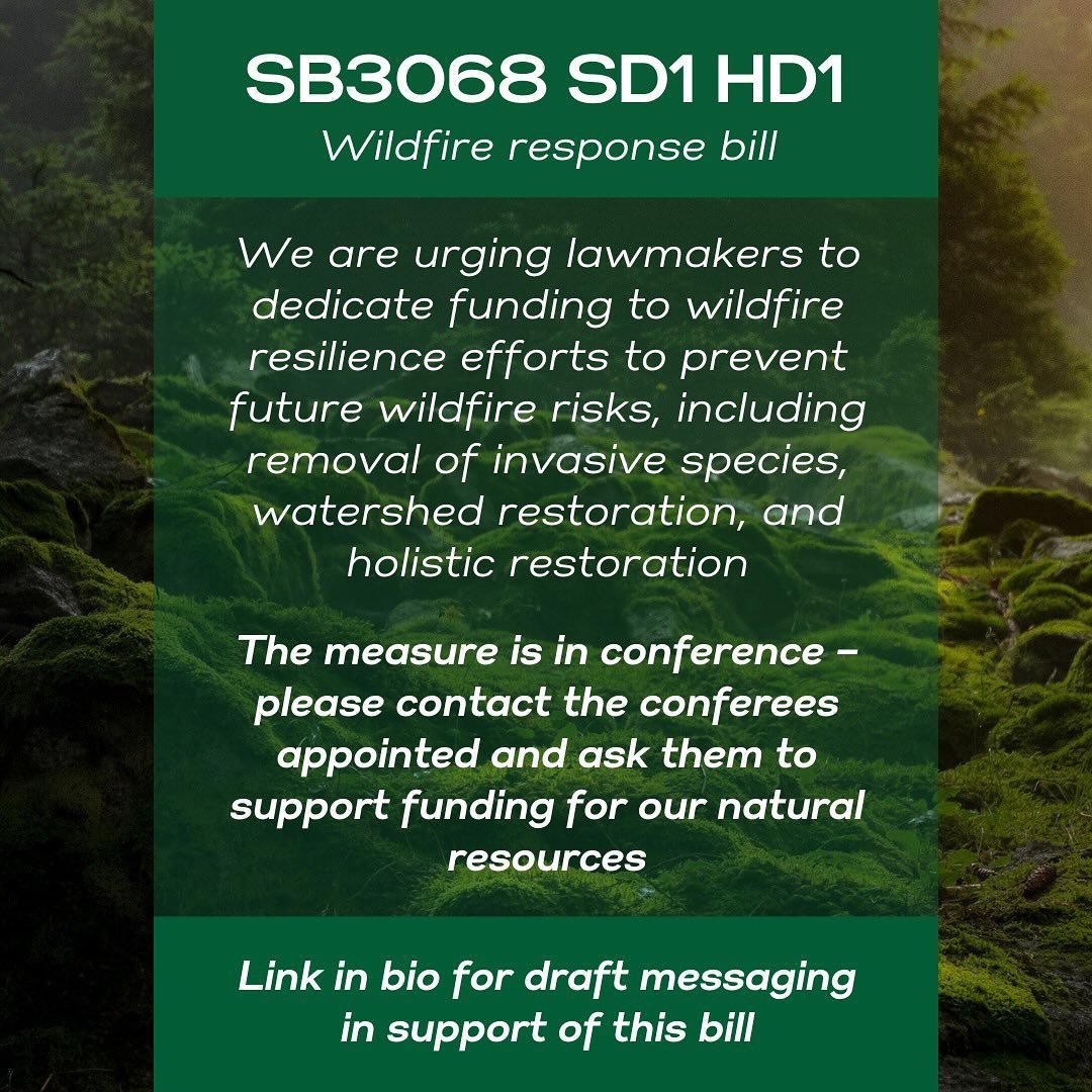 Can you submit supportive testimony today? #careforainanow

SB3068 SD1 HD1 is in conference, we need your help in asking the conferees to support this measure.

The bill would dedicate funding to wildfire response, resilience, and restoration and we 