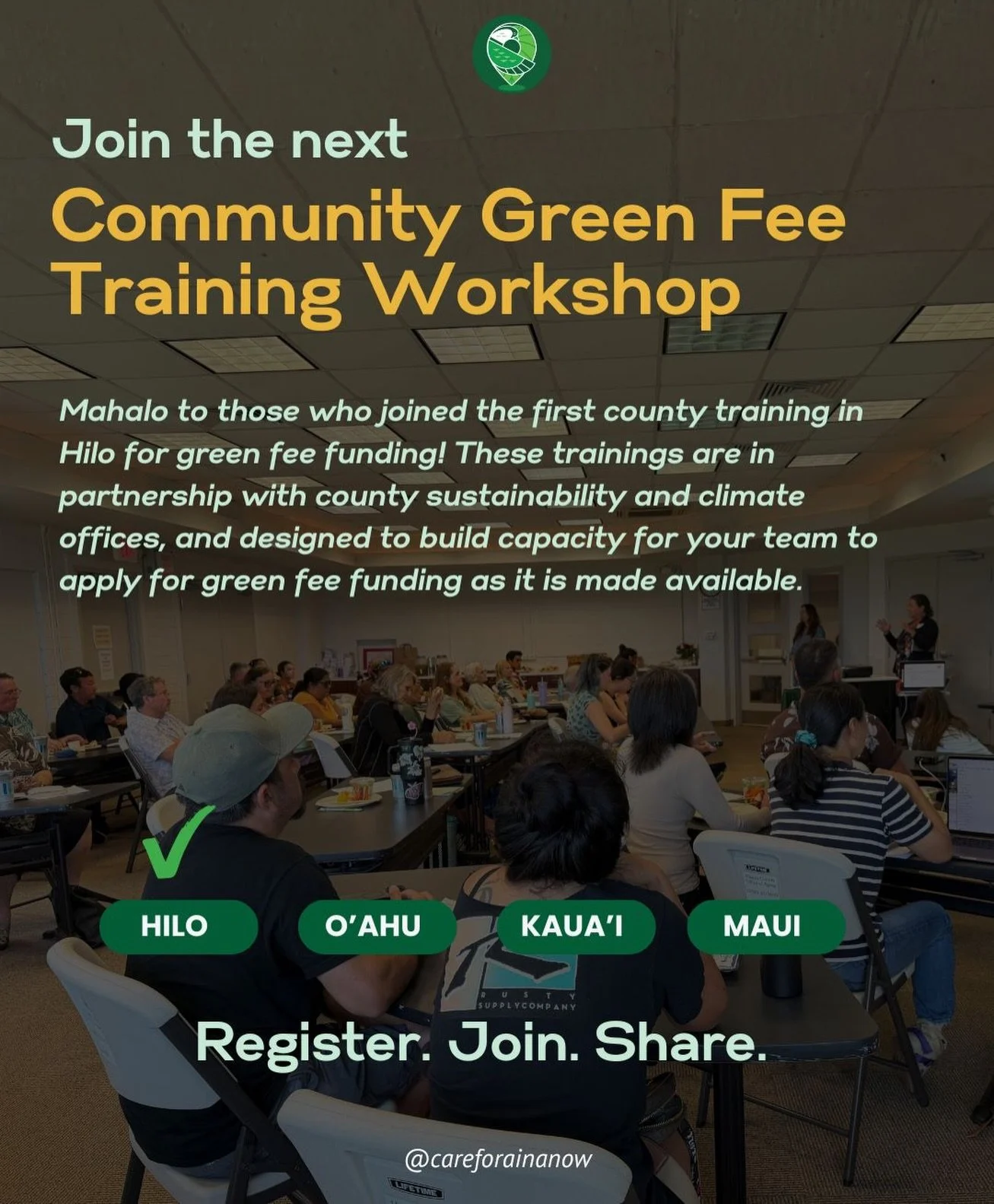 REGISTER FOR WORKSHOPS ‼️

O&rsquo;AHU | 8/11 at Ho&rsquo;okupu Center 3-530 pm
MAUI | 8/13 at JW Cameron Center 2-4:30 
KAUA&rsquo;I | 8/12 Hanalei Initiative Office 10-2pm 

Register today at @careforainanow and @higreengrowth link in bio
