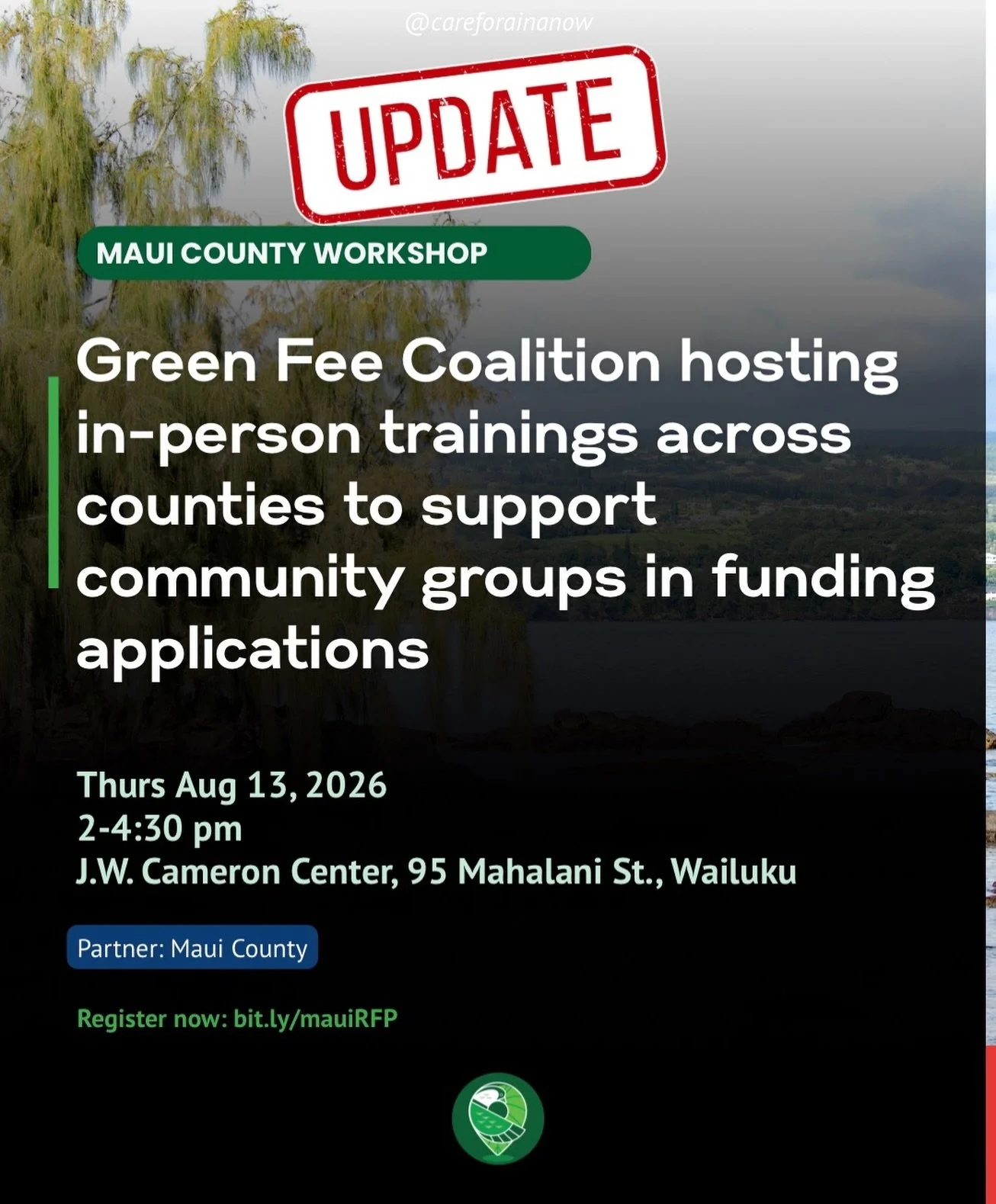 TIME CHANGE ⏰

Maui groups &ndash; the time has shifted for our training next week. Please share widely and send to groups you believe could be eligible for funding across natural resource stewardship, climate resilience, and sustainable tourism. 

W