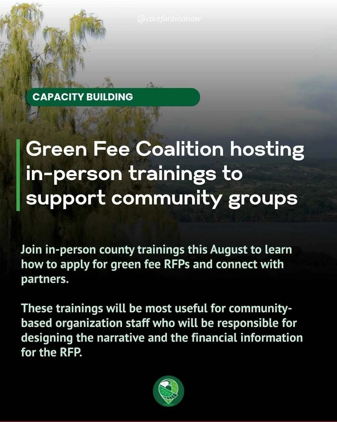 GREEN FEE COMMUNITY TRAININGS ✊🏽

@higreengrowth @resourceslegacyfund @careforainanow and county partners are hosting in person trainings this August for community groups to be supported in applying for green fee RFPs from agencies. Register at the 