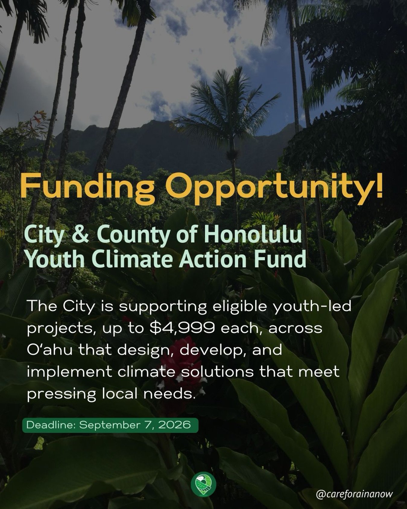 Uplift the next generation of climate leaders on O&rsquo;ahu ✊🏽@honolulu_gov has a funding opportunity open for youth-led climate projects, with over a month to get the proposal in. Please tag, share, or send to a group who may be a good fit. 

Lear