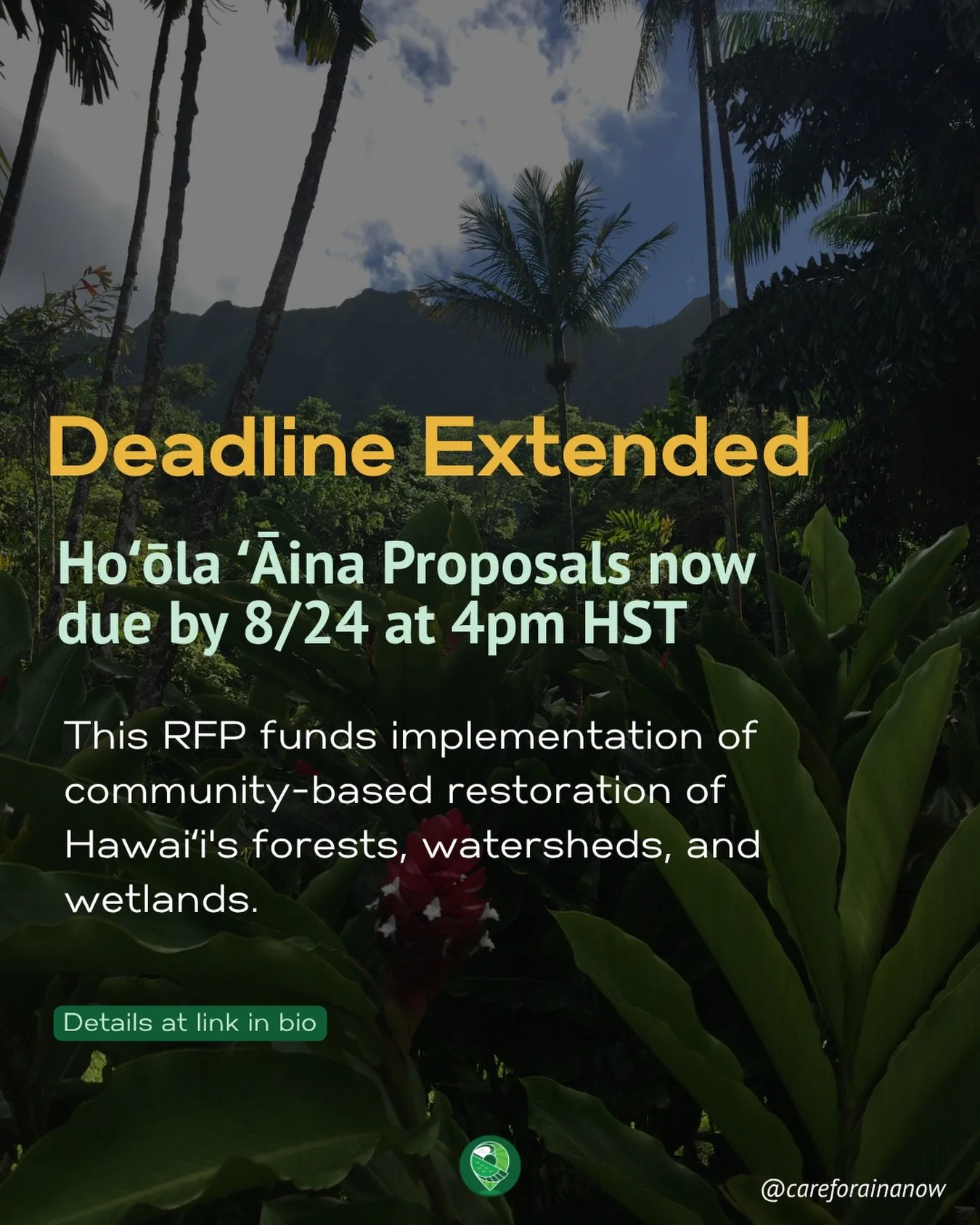 ⏰ Deadline extended! Due to Hurricane Lala, the Hoʻōla ʻĀina RFP is now due August 24, 2026 at 4pm HST.&nbsp;

This RFP funds implementation of community-based restoration of Hawaiʻi&rsquo;s forests, watersheds, and wetlands.

Full details and contac