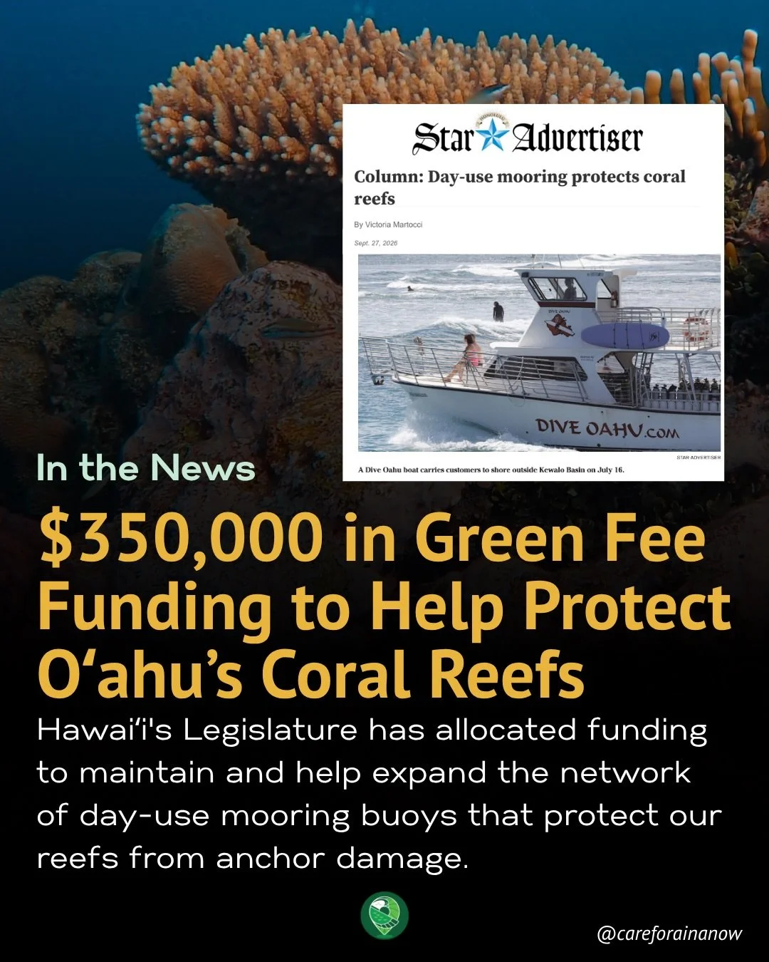 $350,000 in Green Fee funding is going to work protecting Oʻahu&rsquo;s coral reefs. 🐠🌊

Day-use mooring buoys give boats a safe place to tie up instead, and Hawaiʻi&rsquo;s mooring program is estimated to prevent about 90,000 anchor drops every ye
