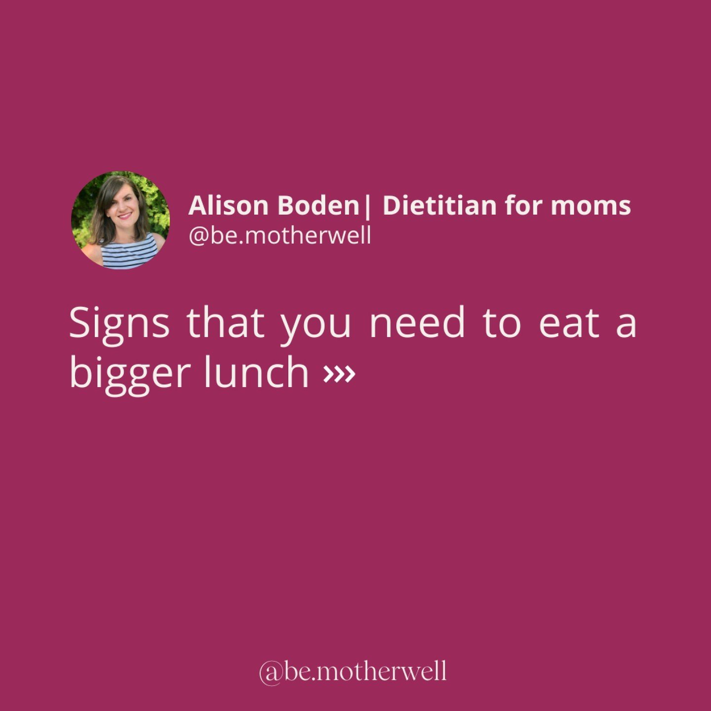 🚨 PSA: Please. Eat. Bigger. Lunches. 🚨 ⁠

⁠
Energy crash at 3pm followed by a cookie craving? You need more food at lunch. ⁠

⁠

Most of the moms I work with are eating tiny breakfasts (or none at all), toddler scraps for lunch or maybe a salad wit