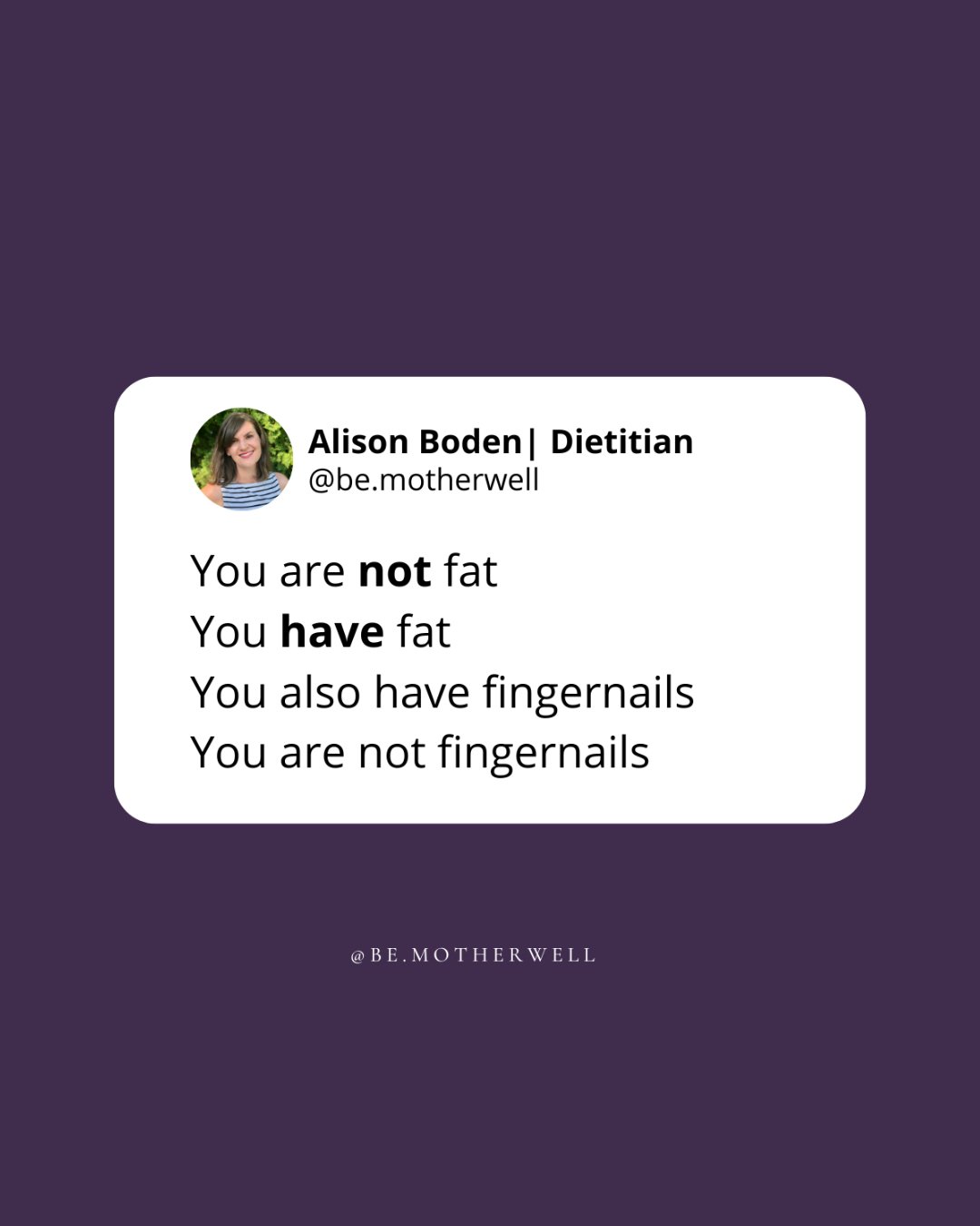 Let's stop villainizing body fat, mmmkay? 👍🏻

Reasons you need body fat: ⠀

Energy and Vitamin/ Mineral Storage⠀

Hormone balance and fertility maintenance⠀

Insulation and warmth⠀

 Functionality and structure of every single cell in your body⠀

I