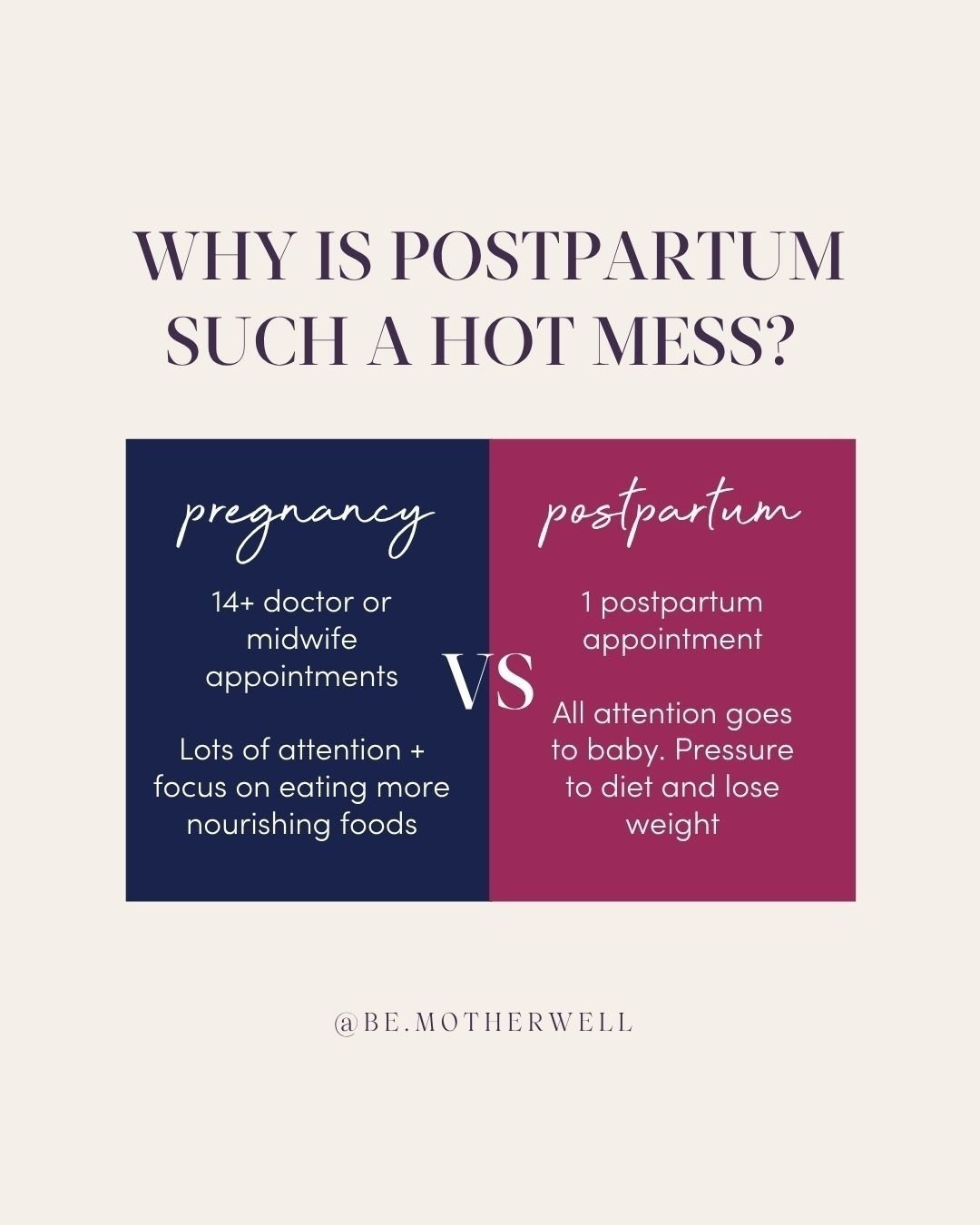 Prenatal care: 14+ appointments, labs, nutrition advice, constant check-ins.
Postpartum care: One rushed appointment at 6 weeks&hellip; if you're lucky. 🙃

We go from &ldquo;nourish your body, eat enough, rest!&rdquo;
to &ldquo;bounce back, lose the