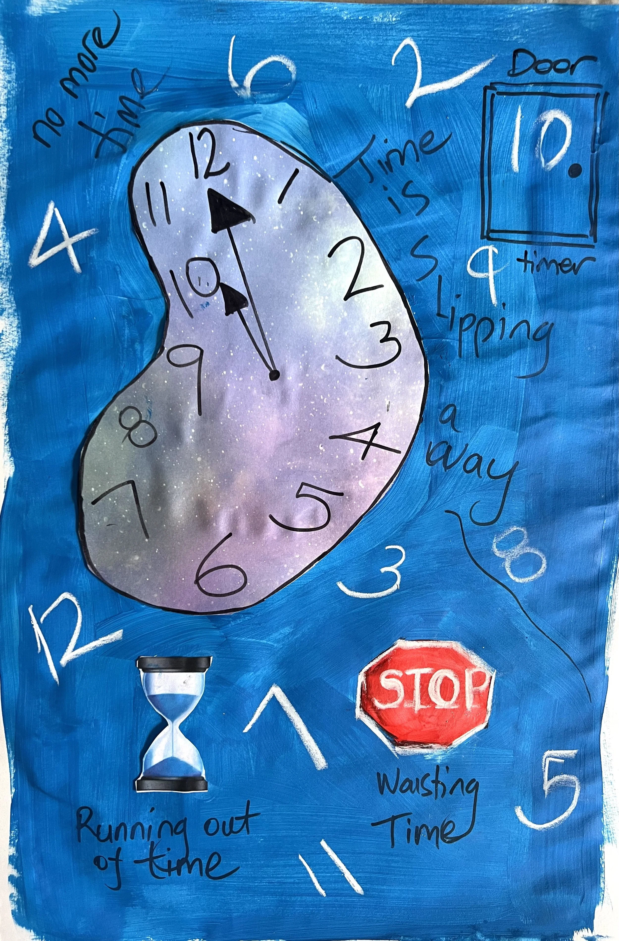 A colorful painting depicting a melting clock with a galaxy pattern face, surrounded by phrases about time, a stop sign labeled 'Washing Time', an hourglass labeled 'Running out of time', and a sketch of a door with '10!' inside, all set against a bright blue background.