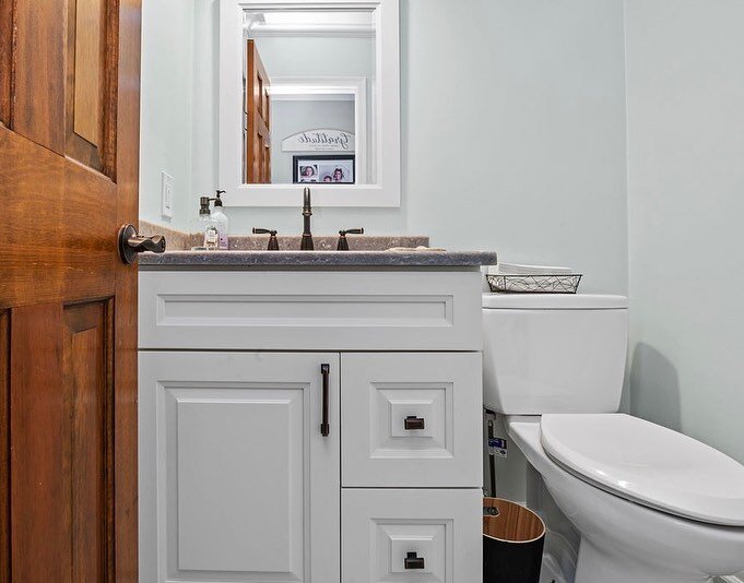 It&rsquo;s Tiny Powder Room Tuesday!  This super efficient little space was almost impossible to photograph and IG has cut off a lot of the 2nd photo, but you can see that even a tiny space has the potential to be gorgeous when well-planned.  The cab