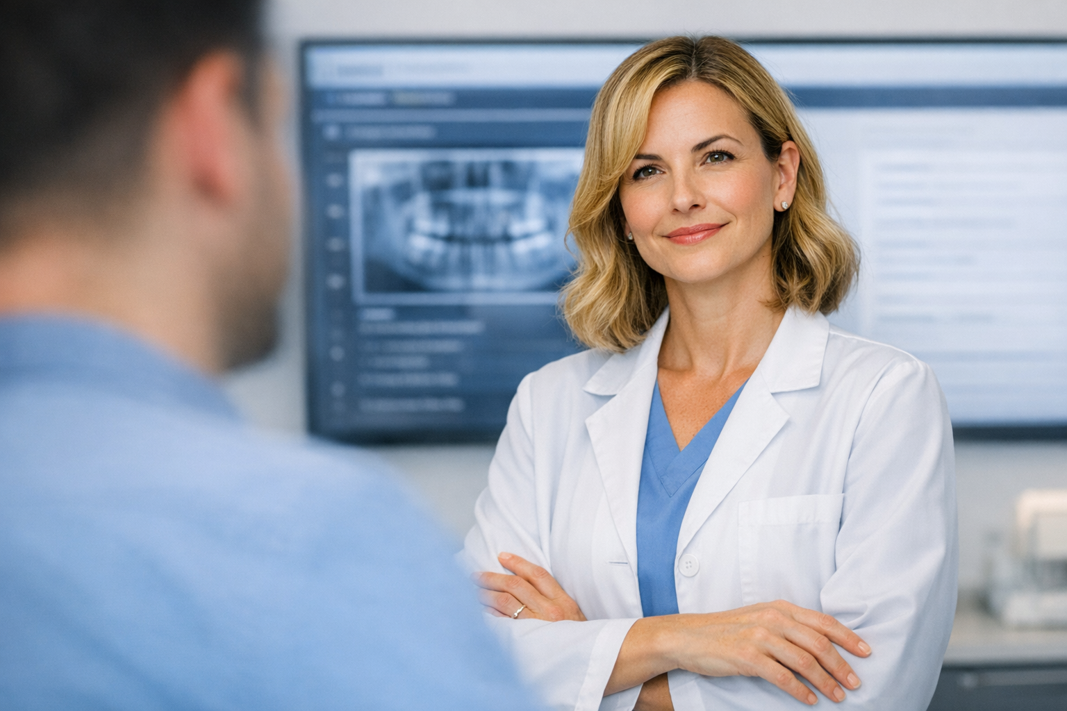 A dentist listens calmly to a patient asking a difficult question, with a blurred X‑ray screen glowing behind her.