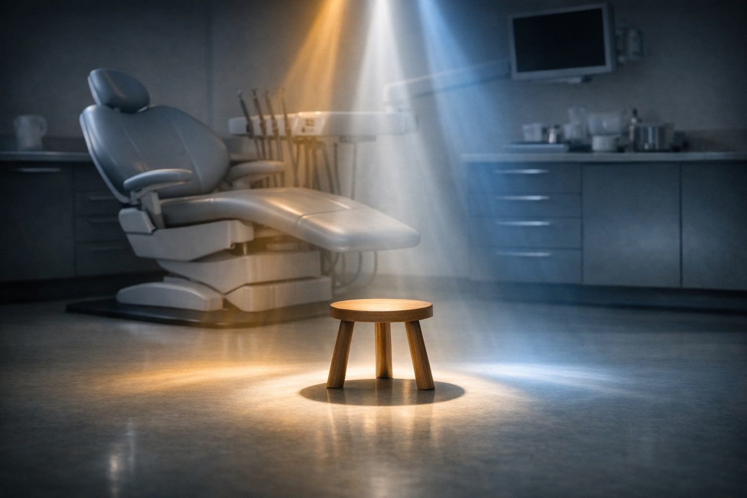 A modern dental operatory with a sleek chair illuminated by three converging beams of light — warm, neutral, and cool — symbolising balance between marketing, case acceptance, and clinical delivery.