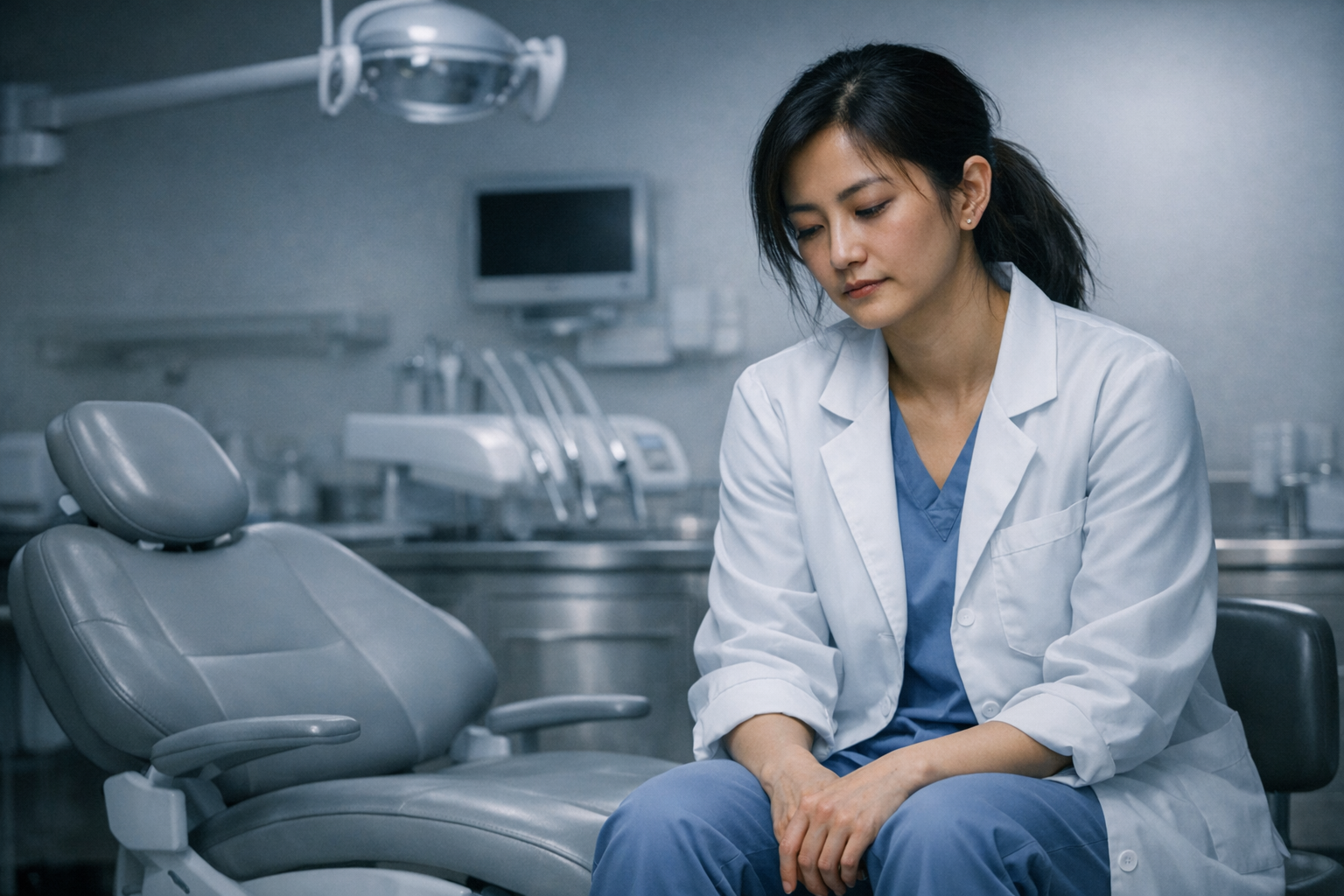 A dejected female dentist sits alone beside an empty dental chair, her gaze downward — the quiet cost of a consultation that didn't connect.
