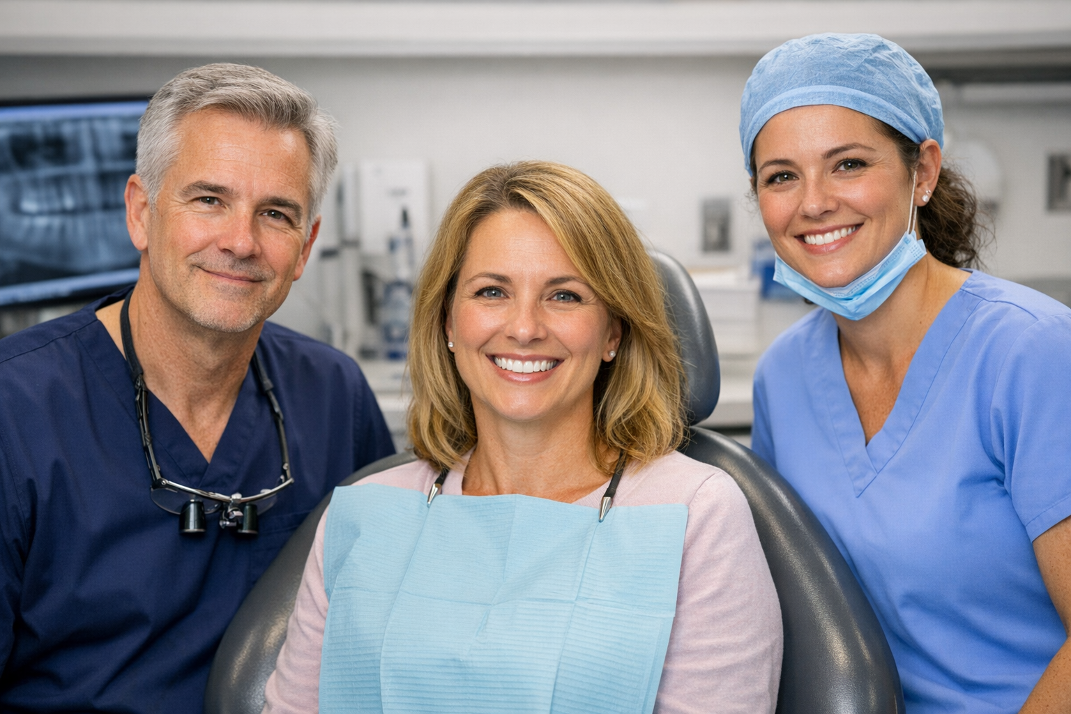 A dentist, a patient, and a nurse smiling together in a bright dental operatory. The patient is sitting upright in the chair, happy and relaxed, while the dentist and nurse look quietly pleased, facing the camera.